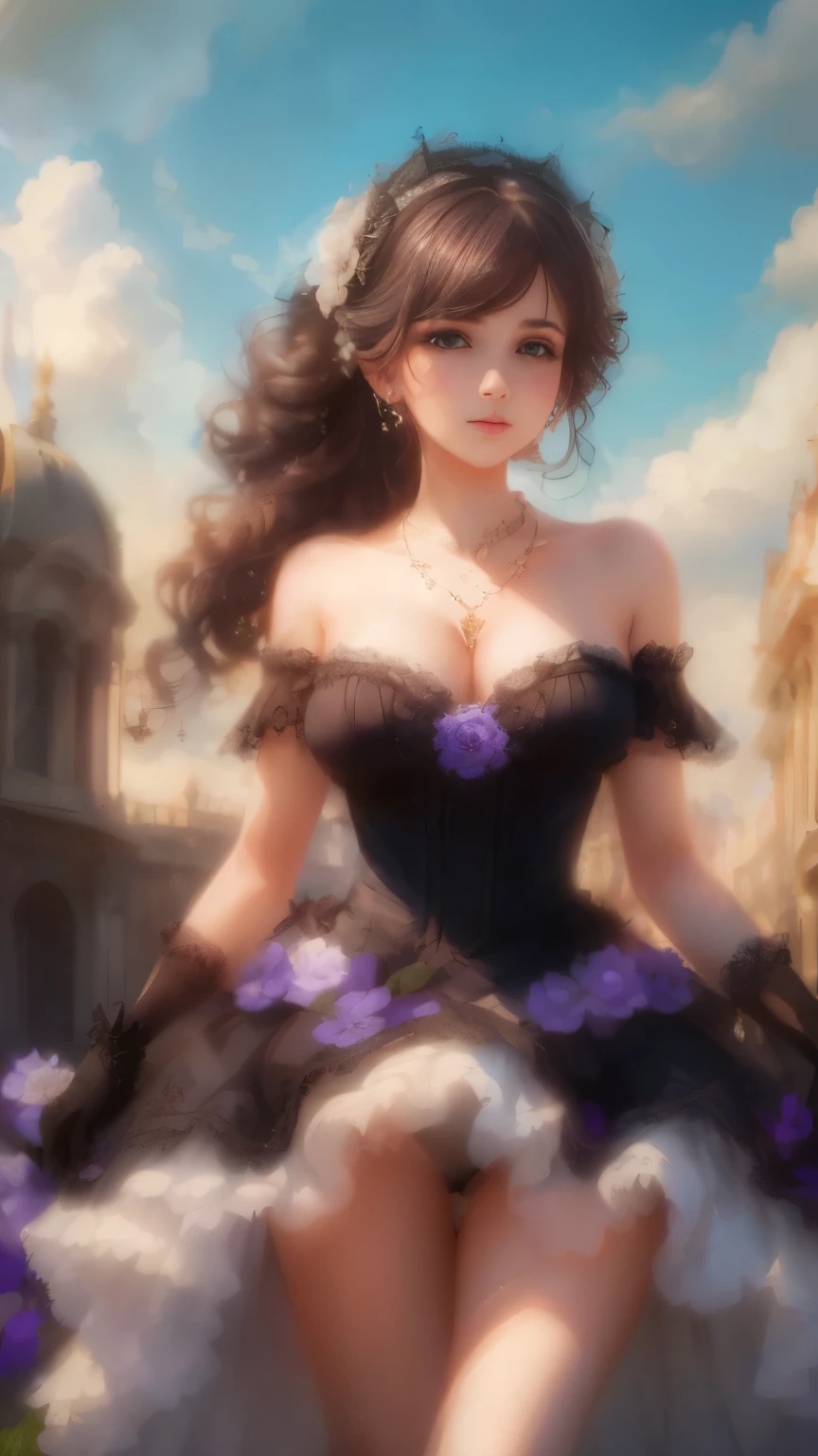 masterpiece, Best quality, extremely detailed 8K wallpaper, 1 girl, on open air, Helena(Lazurny Lane),strapless dress, dress, layered dress,white flower, hair ornament, Purple eyes, (necklace), contour, (black gloves), bare legs,