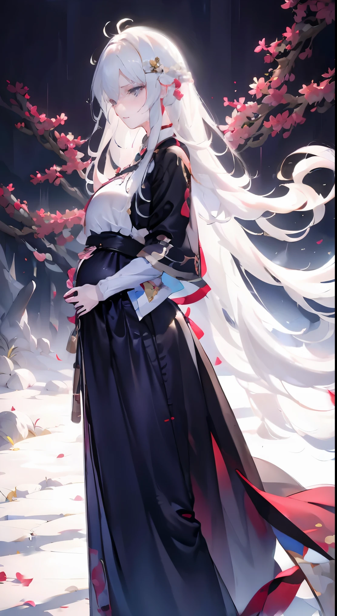 Golden hairpin, white ash hair, black shirt, white skirt, (black cloak:1.2), pale face, sweating, heavy breath, blushing, pregnancy  dresest quality:1.2), ultra-detailed,realistic ,portraits, vivid colors, soft lighting, interesting PoV, stocking, straight hair, pregnant, Pregnant  belly, Chinese sword, anime girl, solo girl