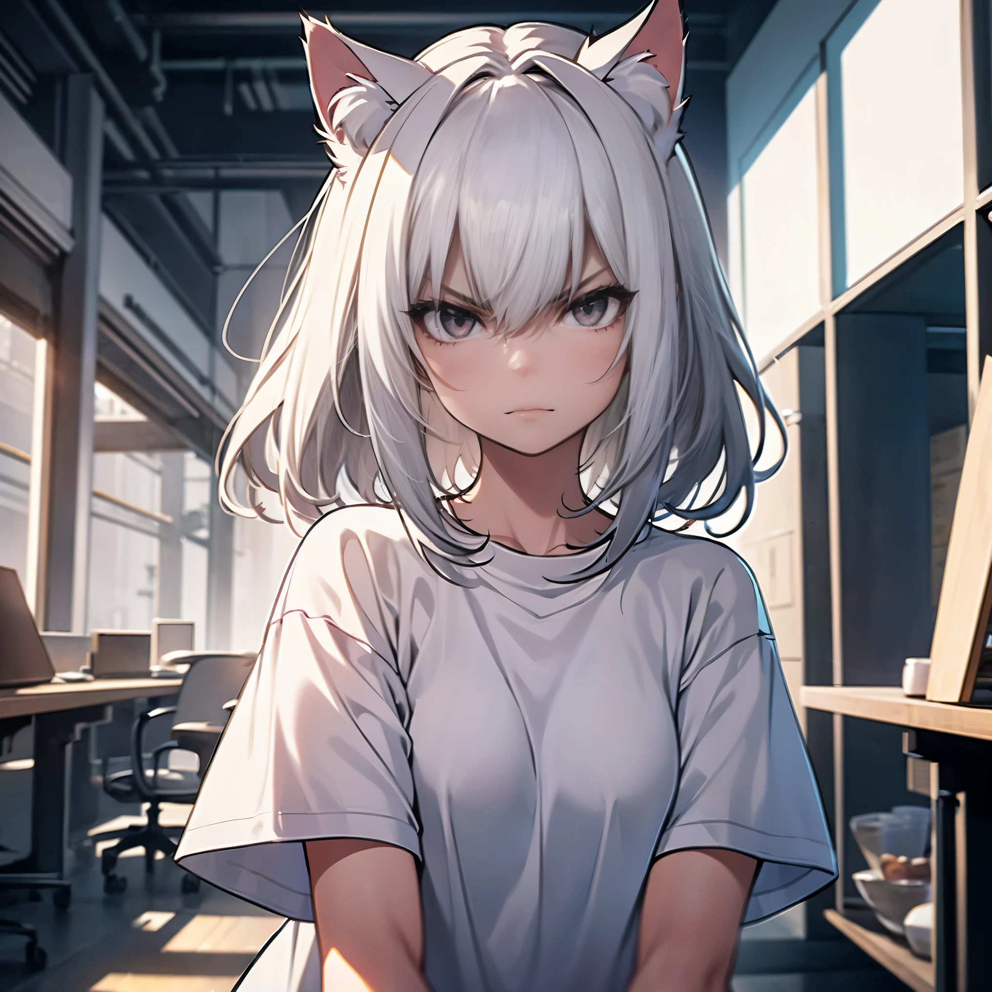 ((Masterpiece)), (best quality), (details), (1 girl), short white hair, cat ears, angry, black eyes, white t-shirt, In the room
