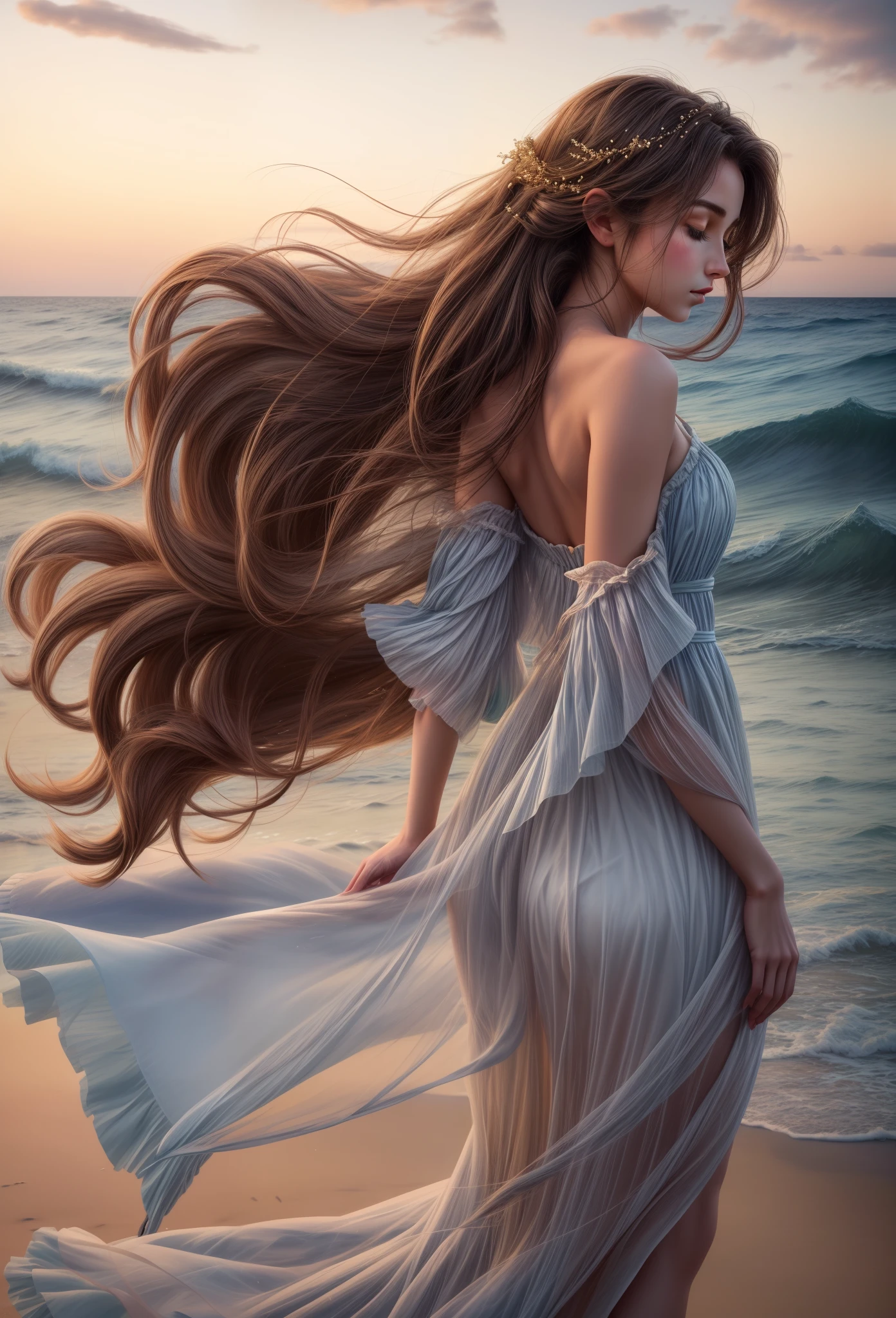 The Georgian girl at the sea, her flowing dress billowing in the wind, creating an ethereal sight. This exquisite oil painting captures her grace and vulnerability as she stands on the sandy shore. The soft hues of the sunset cast a warm glow on her delicate features, while the gentle wind delicately tousles her hair. The image radiates a serene beauty, immersing viewers in the tranquility of the moment.