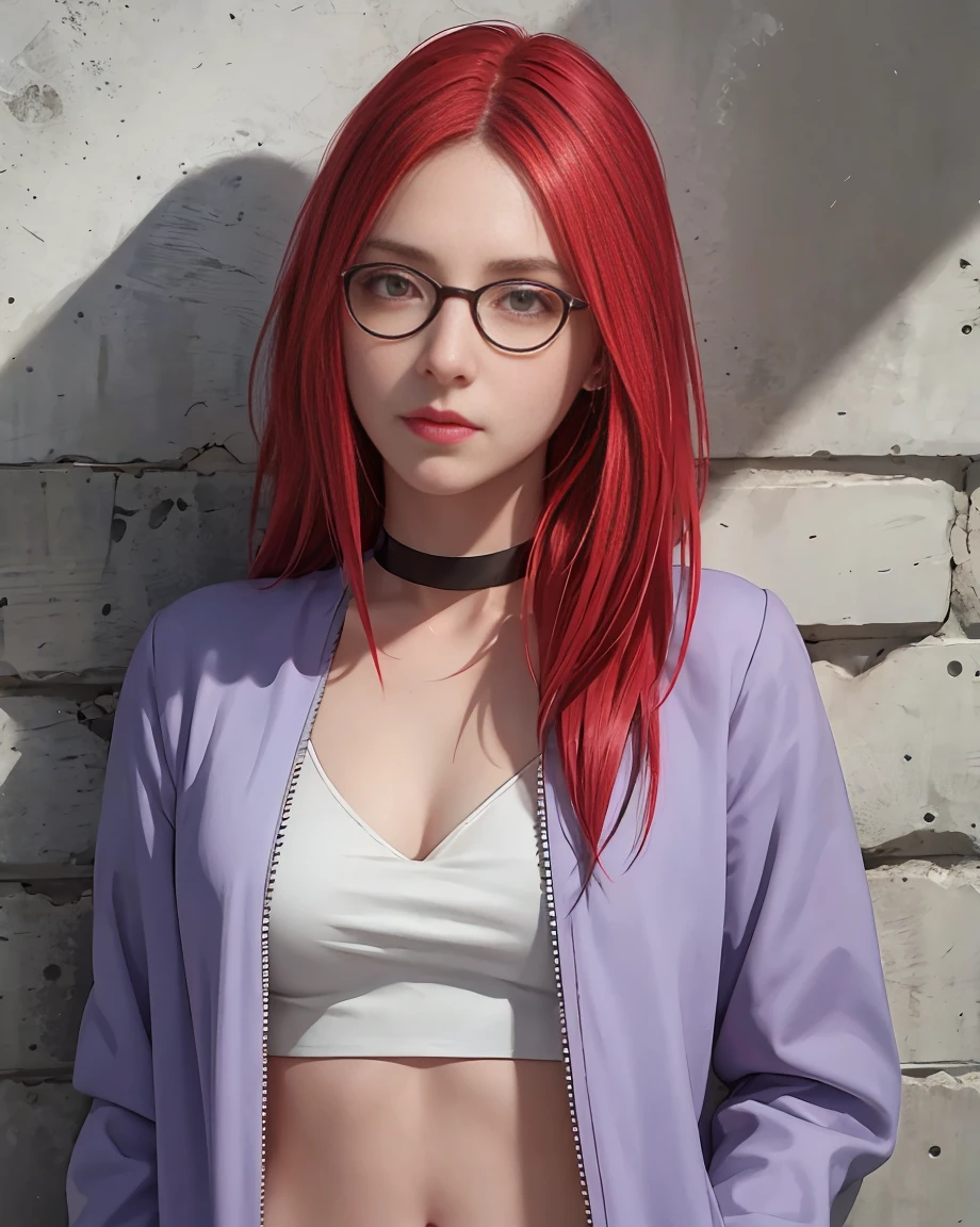 (masterpiece, best quality, 1girl, solo, intricate details, chromatic aberration), realistic, ((medium breath)),long hair, red hair, red head ornament, pink highlights, hair over one eye,rea eyes, glasses earrings, sharp eyes, choker, neon shirt, open jacket, crop top, (symmetry eyes),(perfect symmetrical body),against wall, brick wall, graffiti, dim lighting, alley ,look at viewer