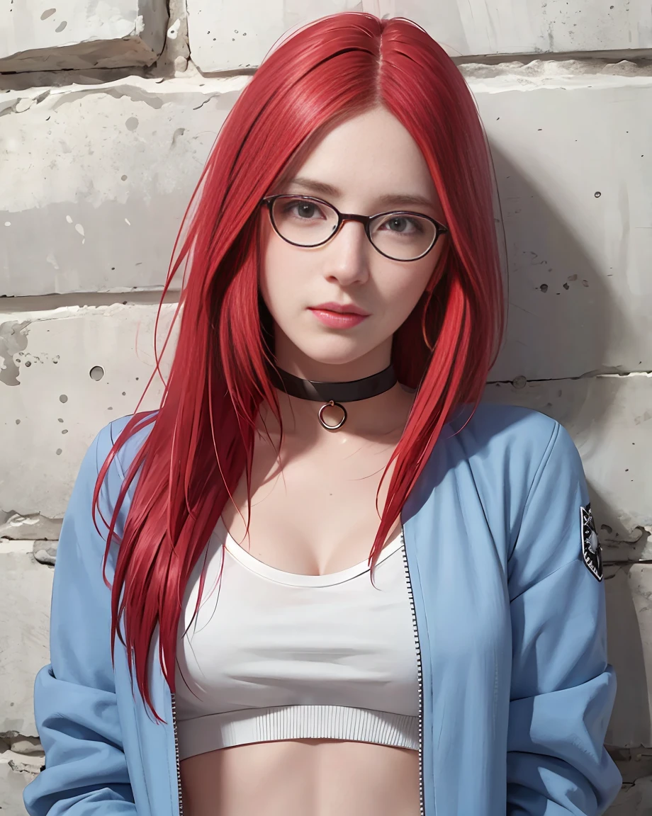 (masterpiece, best quality, 1girl, solo, intricate details, chromatic aberration), realistic, ((medium breath)),long hair, red hair, red head ornament, pink highlights, hair over one eye,rea eyes, glasses earrings, sharp eyes, choker, neon shirt, open jacket, crop top, (symmetry eyes),(perfect symmetrical body),against wall, brick wall, graffiti, dim lighting, alley ,look at viewer