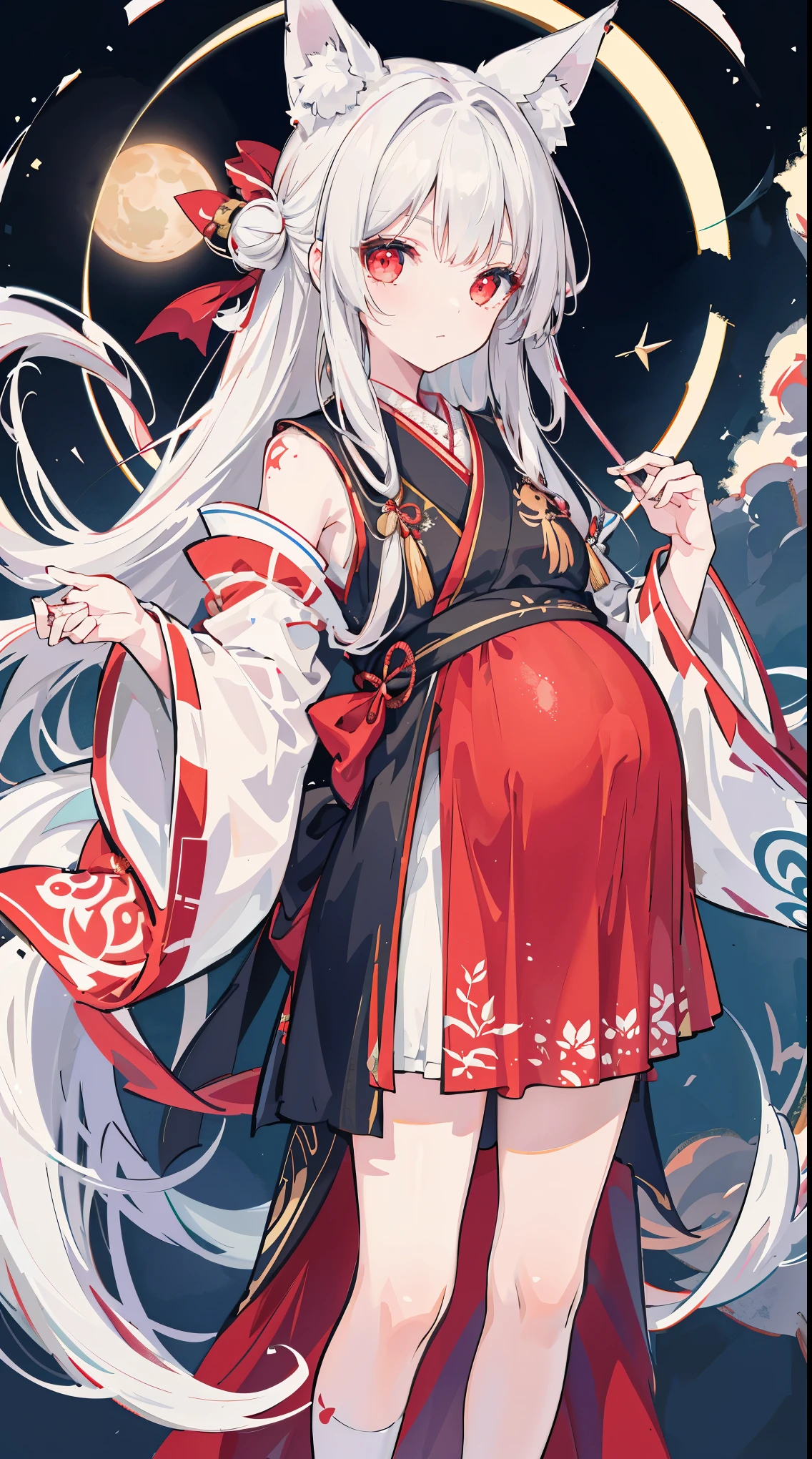 Bronya Peak, 1 Girl, Solitary, earrings, Long hair, Gray hair,  Drilling hair, Gray eyes,  Oriental Architecture, Asian Architecture,  Chinese clothing, Lantern's, China costume，Pregnant