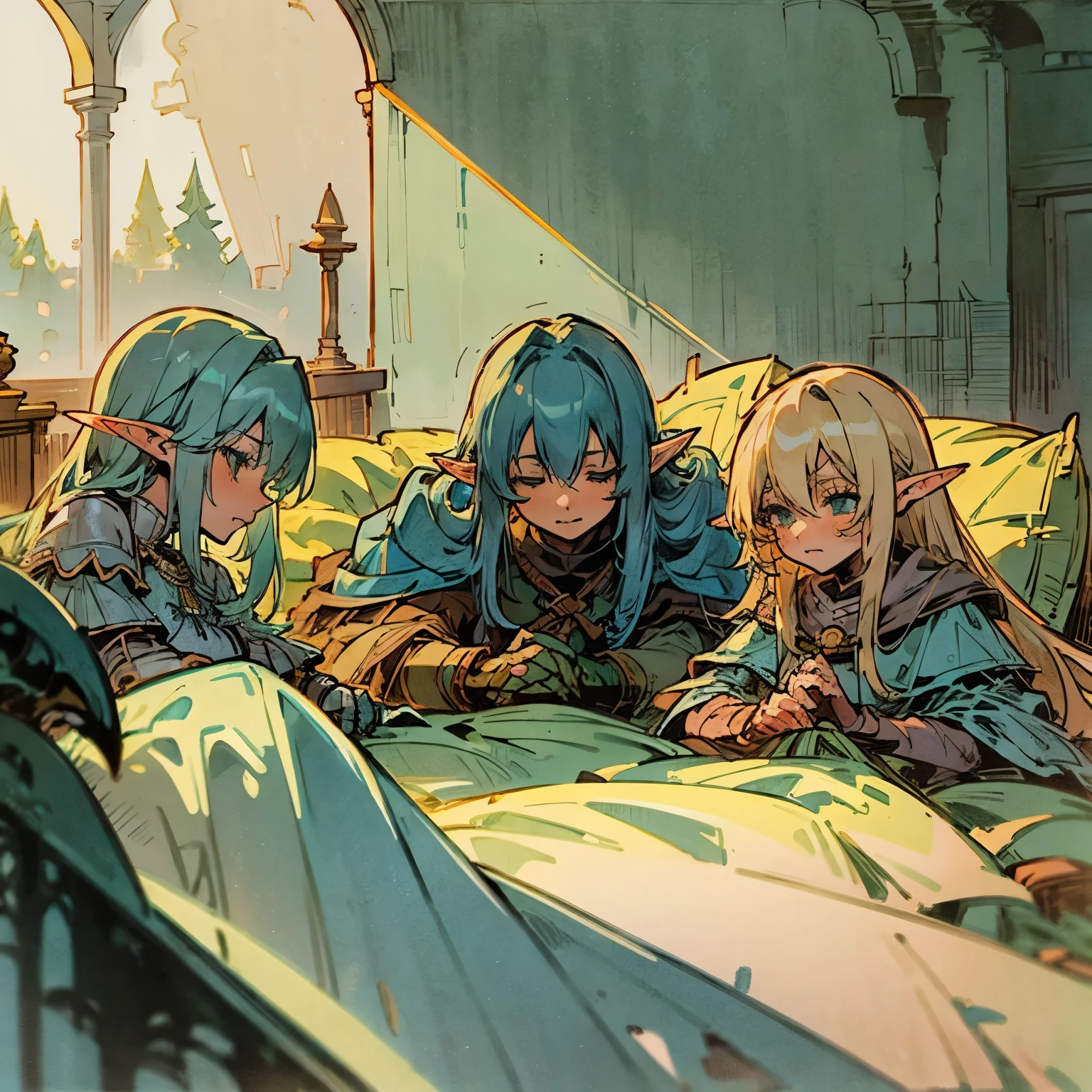 Cozy bedroom, Cozy bed, POV, (lying in bed, 3 people laying on one bed) 3 girls, mage[Green hair, shy] , elf archer[Blonde hair, confident] and a knight[Blue hair, calm] (3 girls in great detail), all siting together, sleepover, blond on right, cyan hair on left, all snuggling