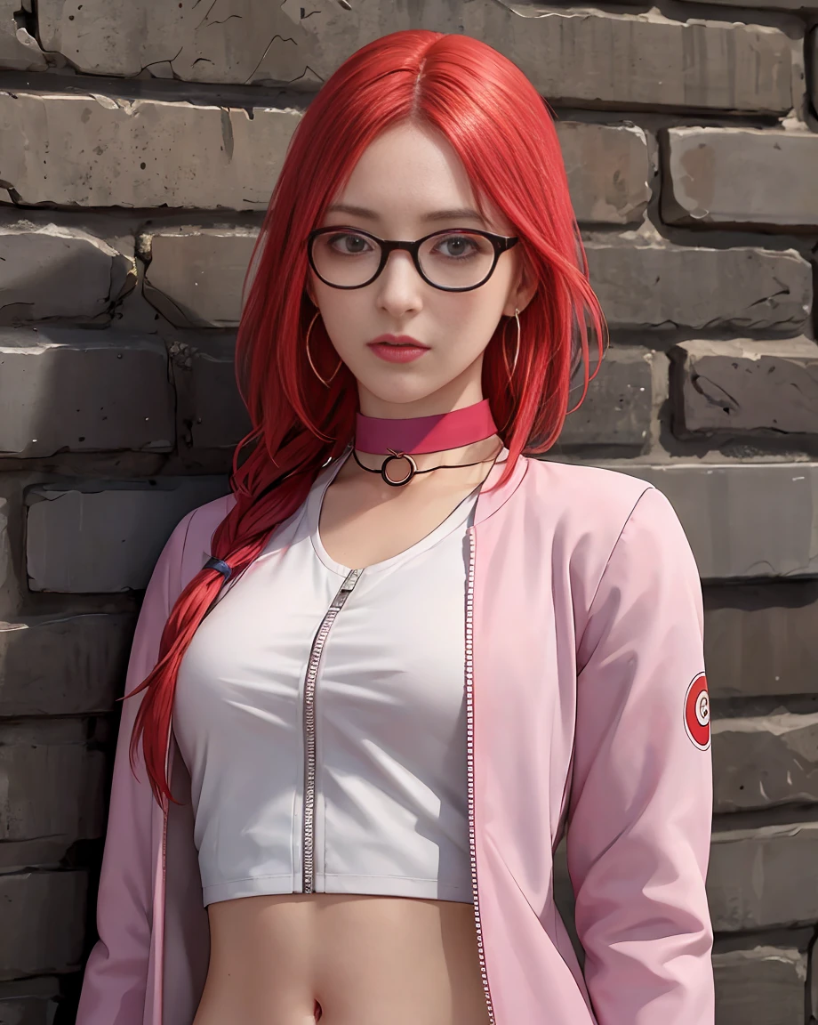 (masterpiece, best quality, 1girl, solo, intricate details, chromatic aberration), realistic, ((medium breath)), single braid red hair,  red eyes, glasses, earrings, sharp eyes, pink lips, choker, neon shirt, open jacket, crop top, (symmetry eyes),(perfect symmetrical body), against wall, brick wall, graffiti, dim lighting, alley ,look at viewer, karin uzumaki,  uzumaki karin