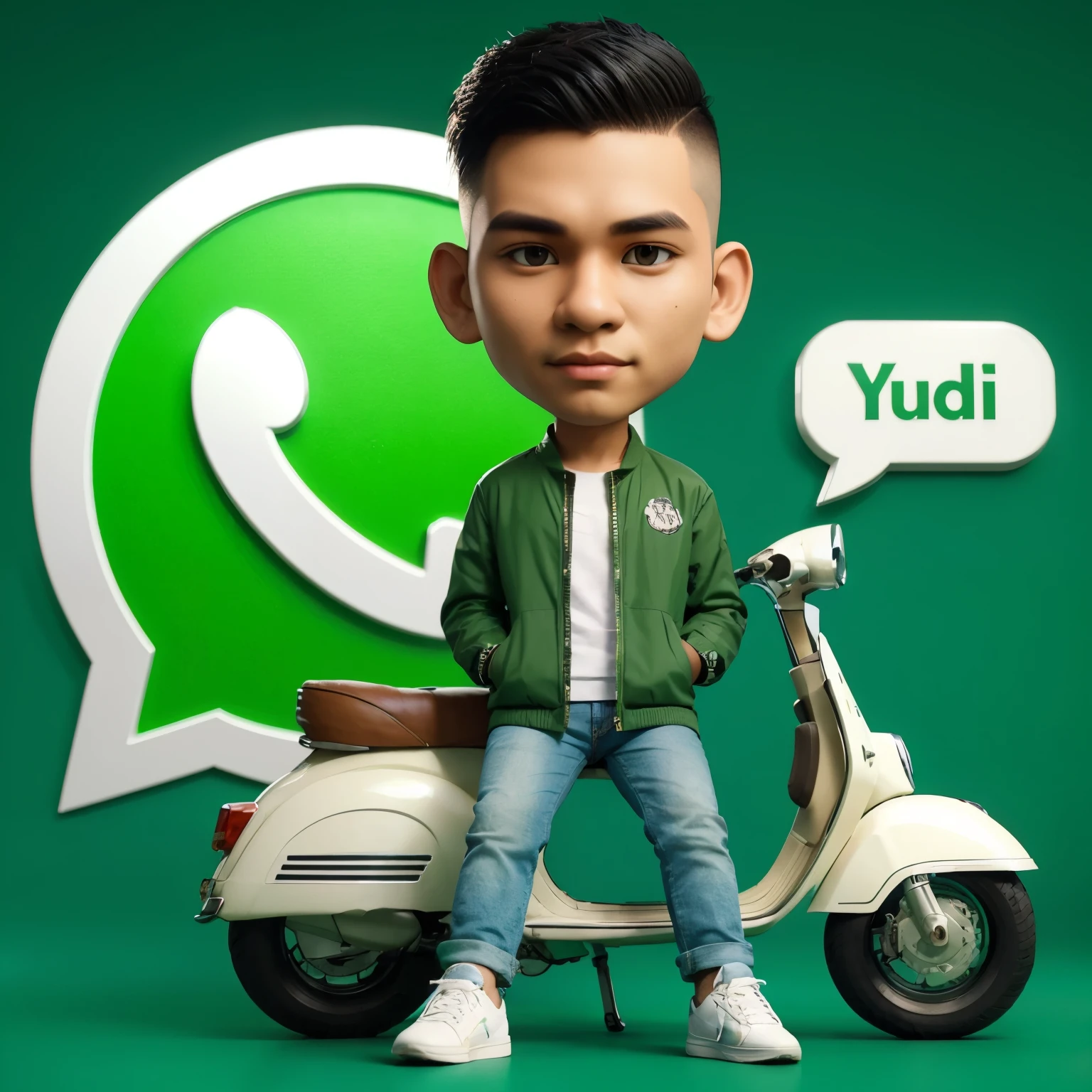 3D caricature, a young Indonesian man, undercut hair, green jacket, the name YUDI written on the front of his jacket, white jeans, facing front, sitting on a white Vespa, 3D green background