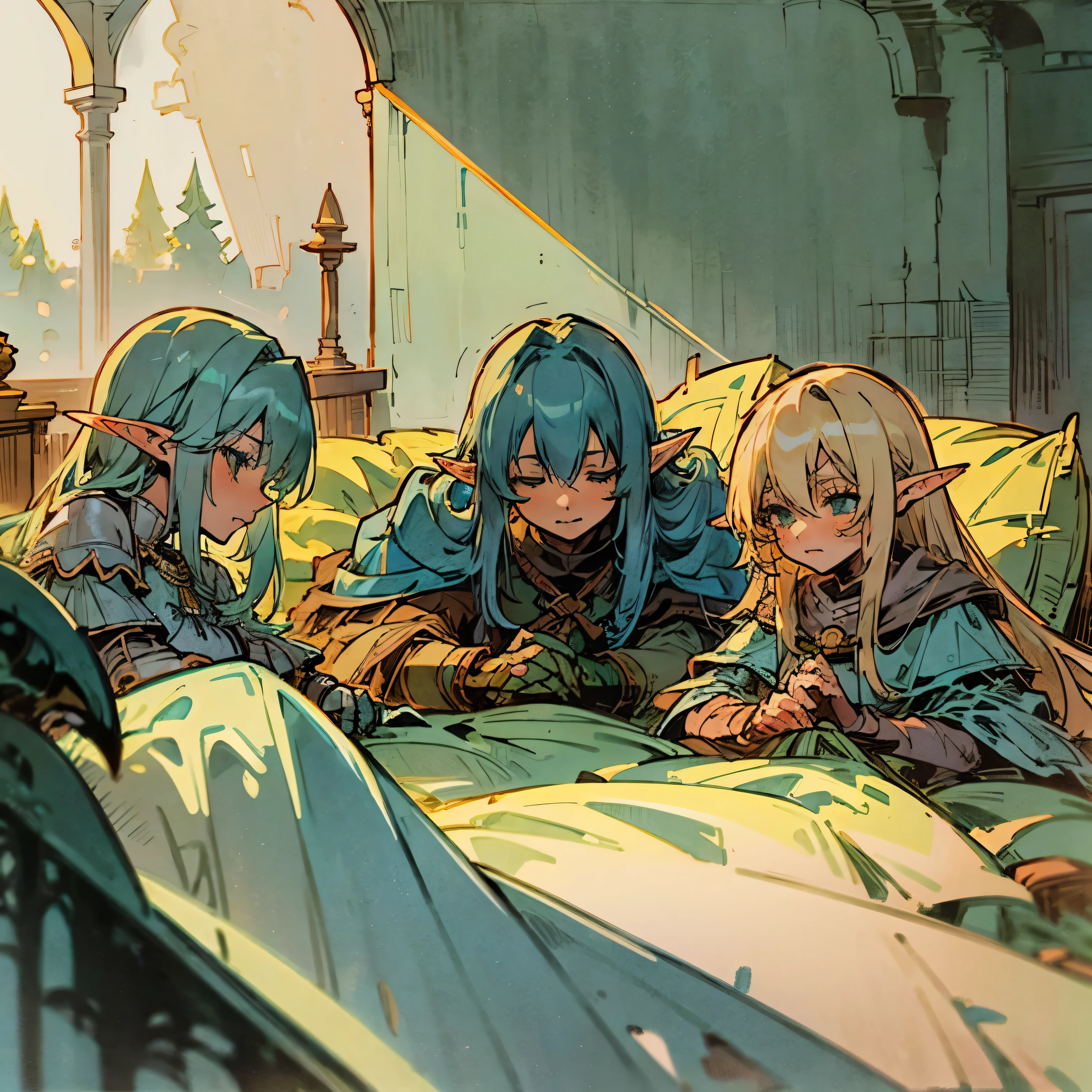 Cozy bedroom, Cozy bed, POV, (lying in bed, 3 people laying on one bed) 3 girls, mage[Green hair, shy] , elf archer[Blonde hair, confident] and a knight[Blue hair, calm] (3 girls in great detail), all siting together, sleepover, blond on right, cyan hair on left, all snuggling