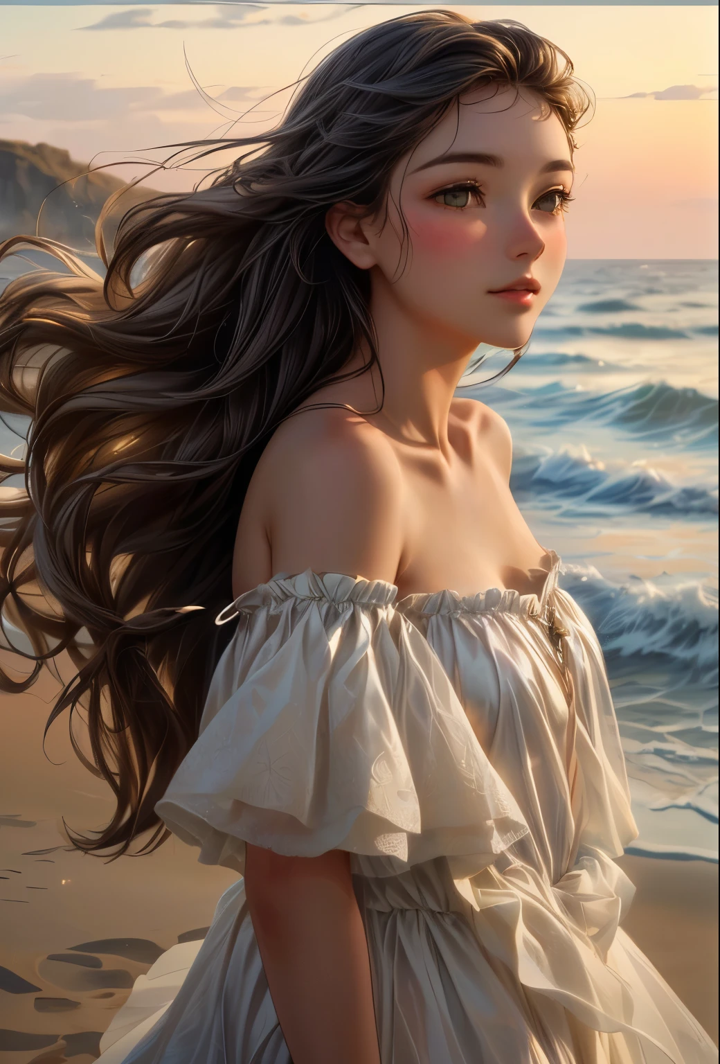 
The Georgian girl at the sea, her flowing dress billowing in the wind, creating an ethereal sight. This exquisite oil painting captures her grace and vulnerability as she stands on the sandy shore. The soft hues of the sunset cast a warm glow on her delicate features, while the gentle wind delicately tousles her hair. The image radiates a serene beauty, immersing viewers in the tranquility of the moment.