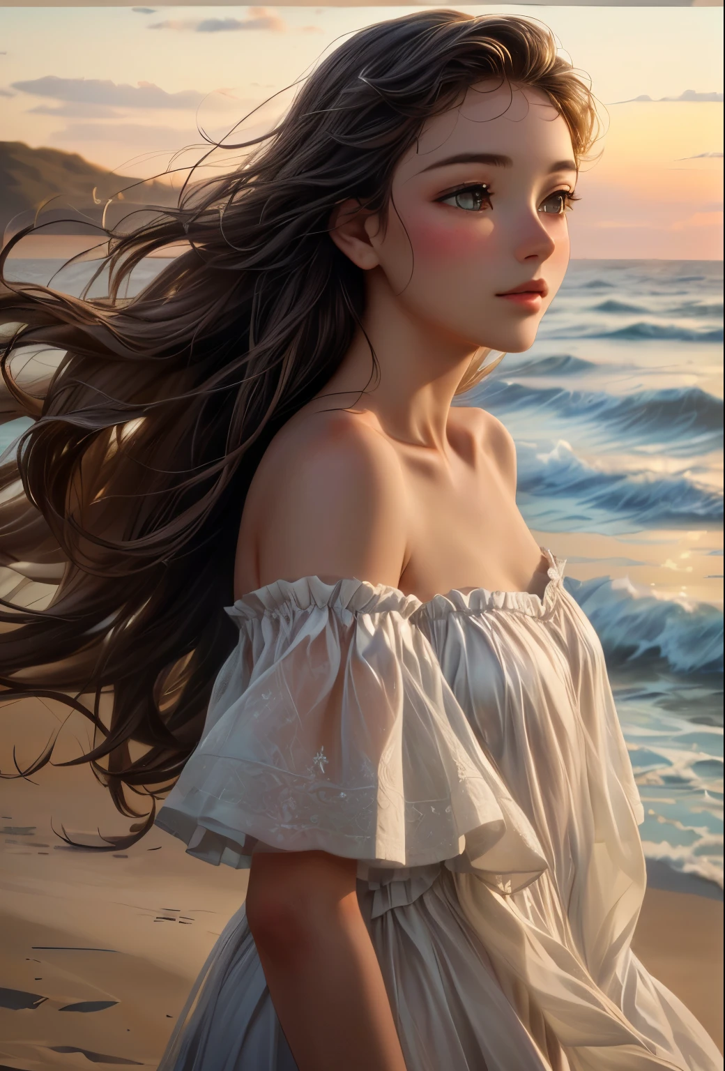 Photo of a sad girl on the beach, bare breasts, naked, dressless, full - body, The sky is full of clouds, Lightning in the clouds of explosion, sorrow, Petite, Russian face, the perfect body, little chest, 20years old, beatiful face, Majestic, nice ass , a goddess, Incredible, A look of fear on his face, hairlong, tempest, A difficult situation, Big Sky, realisti, Detailed, tmasterpiece, additional grain of film, Professional lighting, professional photo of a, neutral colors, Muted colors, natural lightin, photo-realistic, good composition, 4k, hight resolution, art by Stanley Kubrick