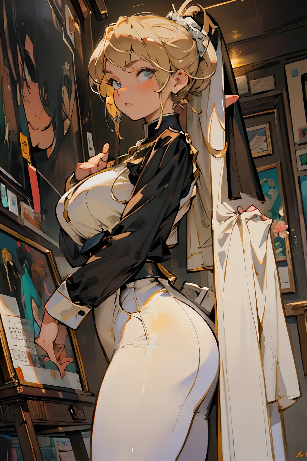 glow，masterpiece, beautiful, 4K, best quality, oil painting portrait style， cute face, big breasts,  blonde，high ponytail，pointed ears， pantyhose,nun