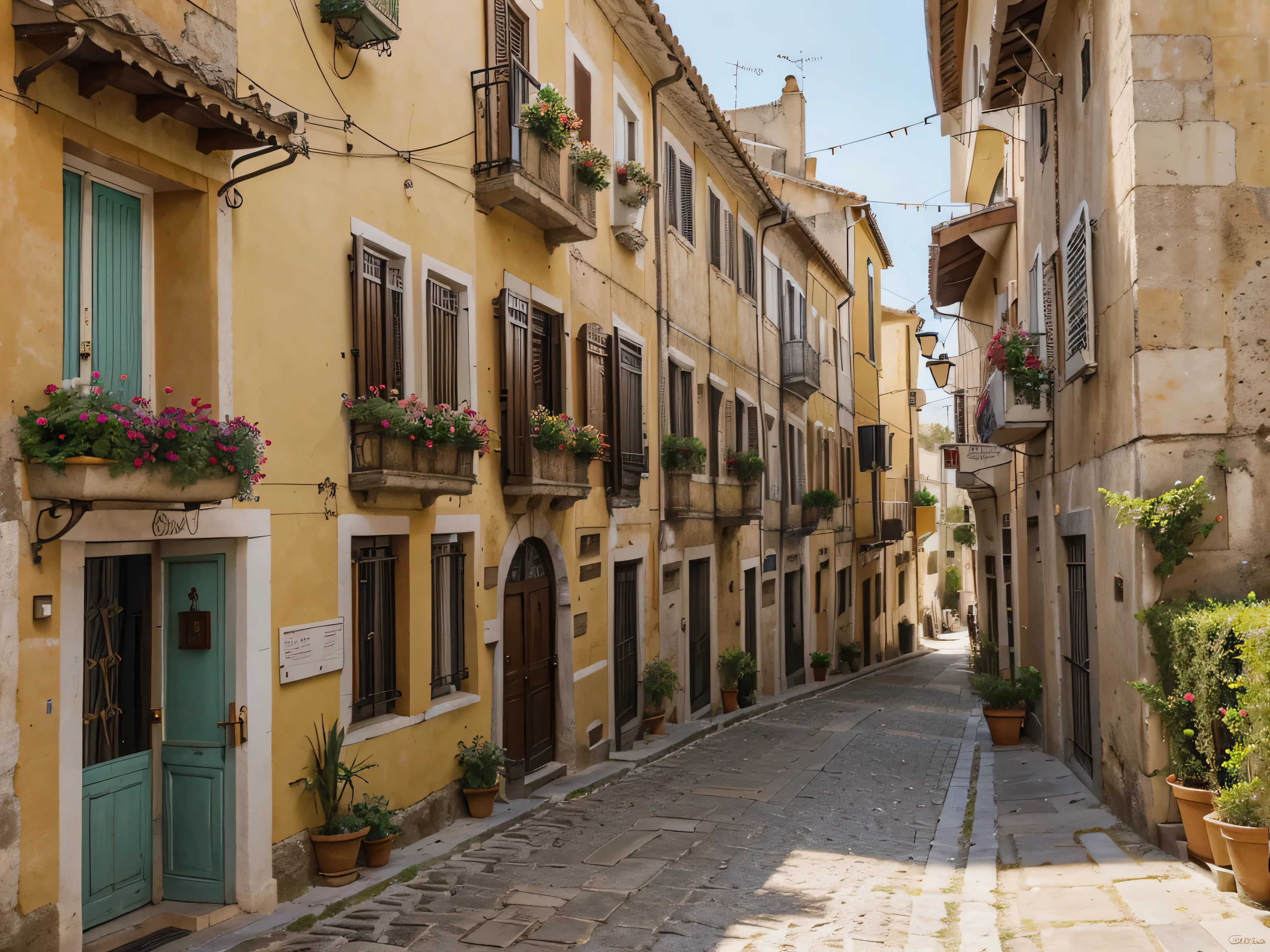 An old town in southern Italy with a warm and vibrant atmosphere on a sunny summer day. The streets are filled with colorful buildings, each with its unique character and charm. The narrow cobblestone streets wind through the town, creating a sense of mystery and exploration. The warm sunlight casts beautiful shadows on the walls, creating a picturesque scene. People can be seen strolling leisurely, enjoying their vacation and immersing themselves in the local culture. The scent of freshly brewed coffee fills the air, inviting passersby to take a break and indulge in the delightful Italian coffee culture. Vibrant flowers adorn balconies and windowsills, adding bursts of color to the scene. The sound of laughter and lively conversations echo through the streets, creating a joyful and lively atmosphere. The town is surrounded by breathtaking natural landscapes, with lush green hills and azure blue waters in the distance. The combination of the old town's rustic charm and the stunning natural beauty makes it a perfect destination for a memorable vacation. The overall image is of a vibrant, sunny, and idyllic vacation spot in southern Italy, where travelers can immerse themselves in the rich history, warm weather, and joyful atmosphere.