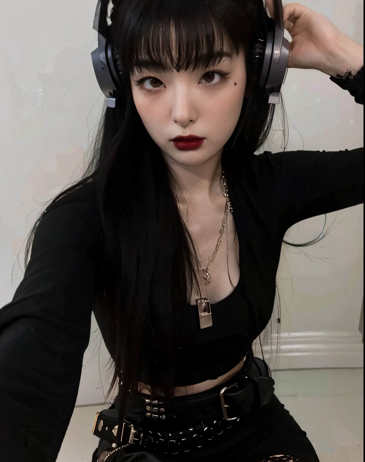 araffe girl com fones de ouvido on sitting on a chair, cruel korean goth girl, anime vibes, goth girl aesthetic, com fones de ouvido, usando fones de ouvido pretos, com fones de ouvido, gothic aesthetic, 1 7  Goth Anime Girl, Ulzzang, e-garota, e - garota, ela tem cabelo preto com franja, Bela Delfina