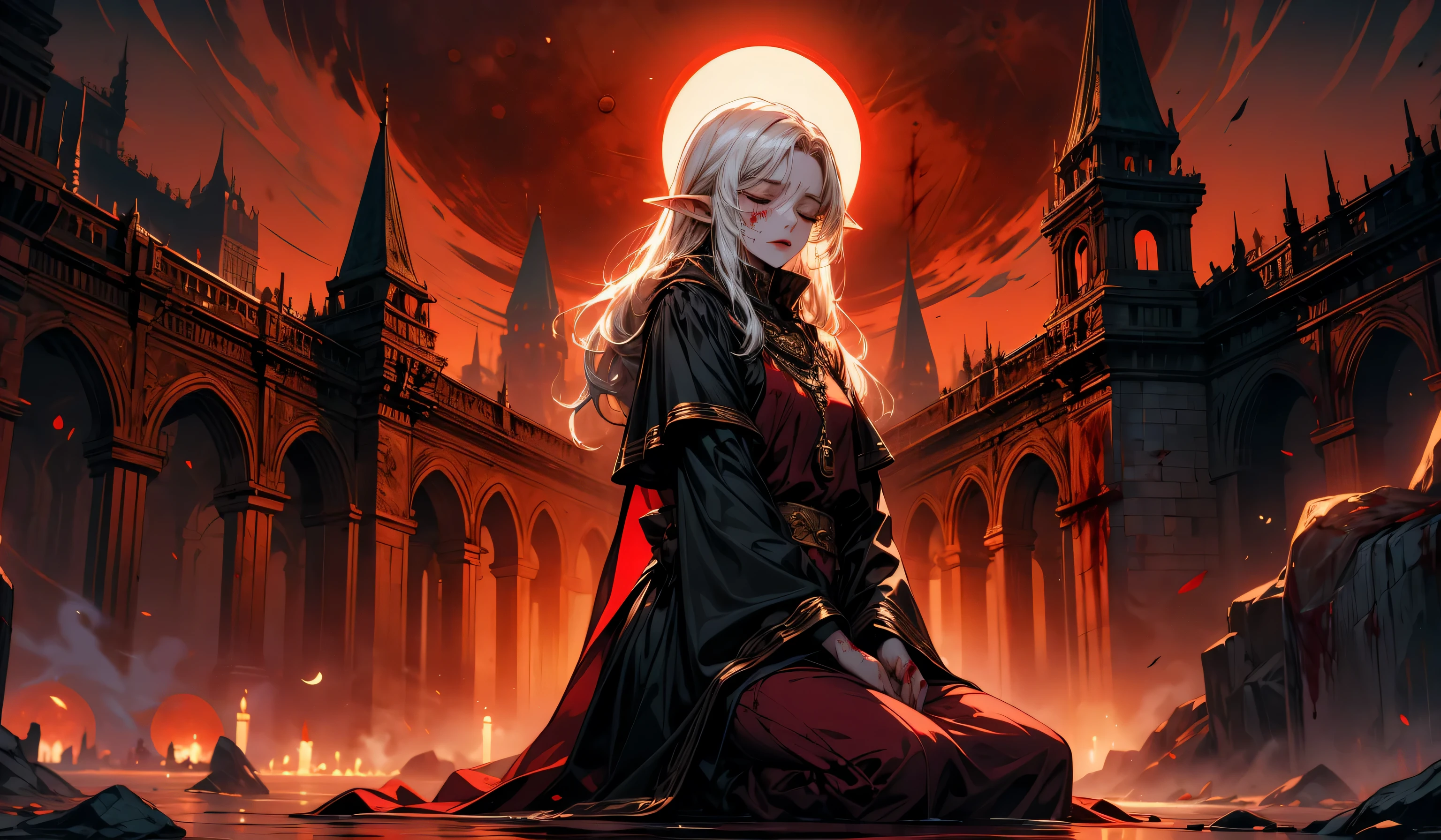 (epic:1.2), (nasty:1.2), (creepy:1.2), (mystical:1.2), (Raspberry red:1.2), (whole body:1.0), BREAK, (Elf Priestess:1.2), (pale:1.2), (long hair:1.0) (White hair:1.0), (pray:1.2), (closed eyes:1.2), (Blood:1.2), BREAK, (Blood moon:1.4), BREAK, (masterpiece:1.4), (beautiful and aesthetically pleasing:1.4)