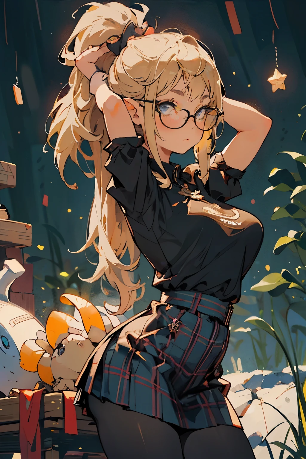 glow,masterpiece, beautiful, 4K, best quality, oil painting portrait style, cute face, big breasts, blonde,high ponytail,pointed ears,round frame glasses, pantyhose, Plaid skirt,Star decoration,open legs,do the splits