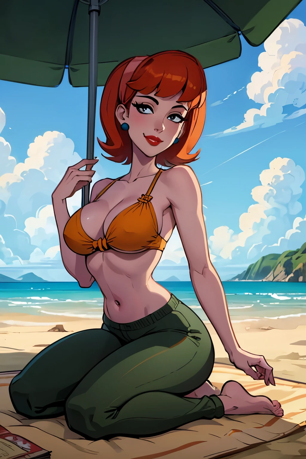 (masterpiece, best quality:1.2),  linda_flynn-fletcher, 1girl, jewelry, earrings, solo, lipstick, hairband, makeup, breasts, large breasts, orange hair, short hair, crossed legs, pants, smile, sitting, outdoors, beach, day, looking at viewer, wariza, sky, closed mouth, blue sky, umbrella, cloud, sand, seiza, beach umbrella,clivage 