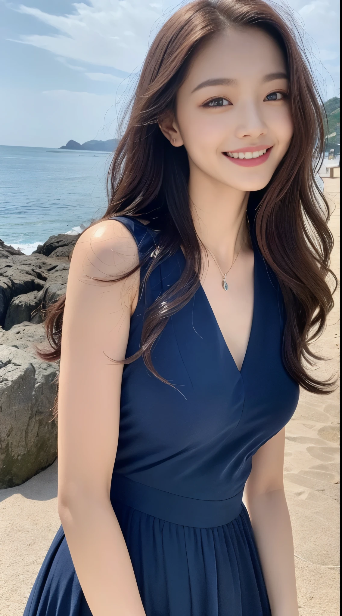 （highest quality，High resolution，masterpiece：1.3），tall and beautiful woman，thin abs，Dark brown hair and loose wavy styling，nadium chest，wearing a pendant，The soft and mature long dress is navy.，（Beautiful sea in the background），Beautifully rendered details with face and skin texture，fine eyes，double eyelid，（grin and laugh：1.3）