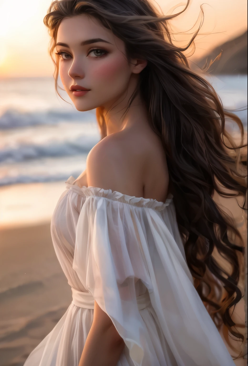 
The Georgian girl at the sea, her flowing dress billowing in the wind, creating an ethereal sight. This exquisite oil painting captures her grace and vulnerability as she stands on the sandy shore. The soft hues of the sunset cast a warm glow on her delicate features, while the gentle wind delicately tousles her hair. The image radiates a serene beauty, immersing viewers in the tranquility of the moment.