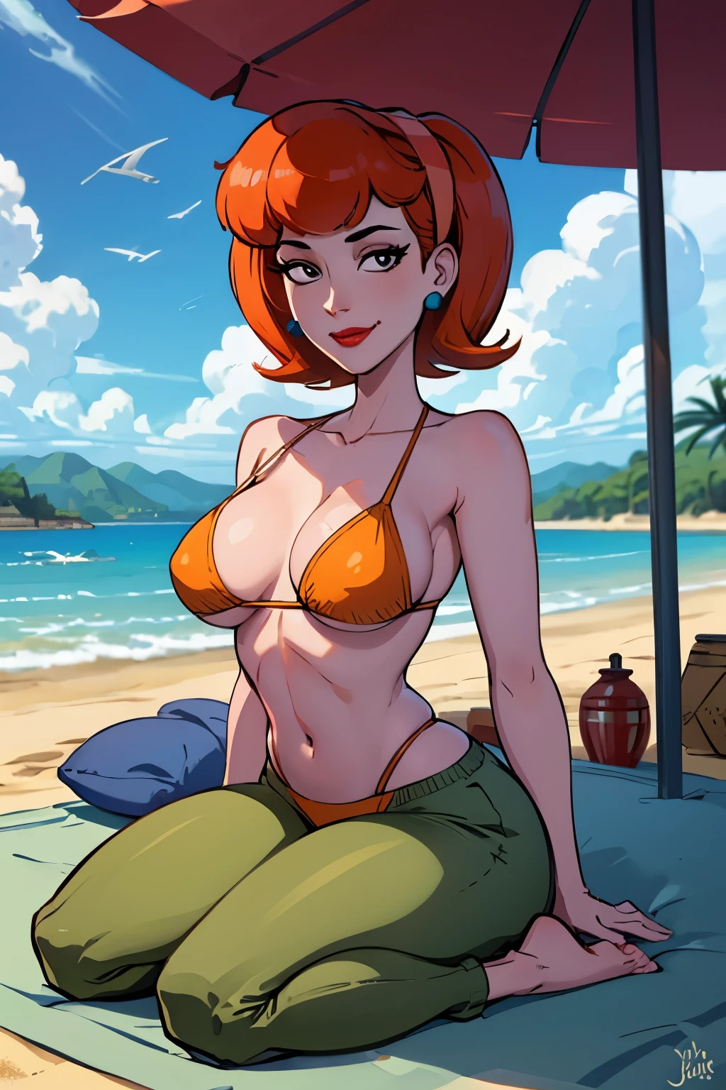 (masterpiece, best quality:1.2),  linda_flynn-fletcher, 1girl, jewelry, earrings, solo, lipstick, hairband, makeup, breasts, large breasts, orange hair, short hair, crossed legs, pants, smile, sitting, outdoors, beach, day, looking at viewer, wariza, sky, closed mouth, blue sky, umbrella, cloud, sand, seiza, beach umbrella,clivage ,bikini