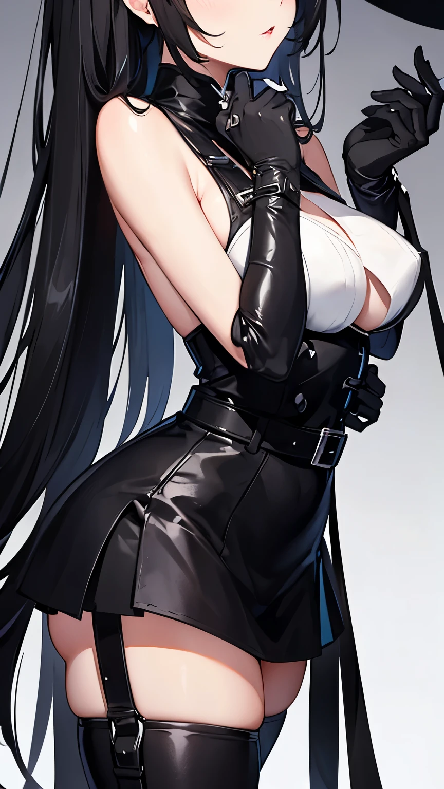 Wearing black stiletto thigh boots，（black long gloves），（Beautiful outdoor background:1.2），long white hair，Short black leather skirt，leg rings，blue pupils，belt buckle，profile，shy expression，黑色leg rings，sleeveless long shirt，Off the shoulders，(Extremely detailed CG unified 8k wallpaper),(masterpiece), (best quality), (Super detailed), (Best Illustration),(best shadow), ( eye shadow, delicate eyes:1.1)