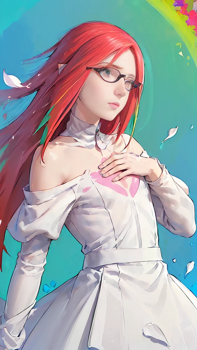 （Pink Fashion T-shirt：1.9），(red hair: 1.8), (all the colours of the rainbow: 1.8),(((((vertical painting：1.6))), （painting：1.6），front, comics, illustrations, paintings, large eyes, red eyes, crystal clear eyes, glasses（ rainbow color gradient high ponytail：1.7）, exquisite makeup, closed mouth,(Small Fresh: 1.5),(Wipe Chest: 1.6) ，long eyelashes, white off shoulder T-shirt,  White Shoulder Shirt，looking at the audience, large watery eyes, (rainbow colored hair：1.6), color splash, （solo：1.8）, color splash, color explosion, thick paint style, messy lines, ((shining))，(colorful), (colorful), (colorful), colorful, Thick Paint Style, (Splash) (Color Splash), Vertical Painting, Upper Body, Paint Splash, Acrylic Pigment, Gradient, Paint, Highest Image Quality, Highest Quality, Masterpiece, Solo, Depth of Field, Face Paint,  colorful clothes, (Elegant: 1.2), gorgeous,long hair, wind, (Elegant: 1.3), (Petals: 1.4)，(((masterpiece))),(((best quality))),((ultra-detailed)),(illustration),(dynamic angle),((floating)),(paint),((disheveled hair)),(solo),(1girl) , (((detailed anima face))),((beautiful detailed face)),collar,bare shoulders,white hair, ((colorful hair)),((streaked hair)),beautiful detailed eyes,(Gradient color eyes),(((colorful eyes))),(((colorful background))),(((high saturation))),(((surrounded by colorful splashes))), 


