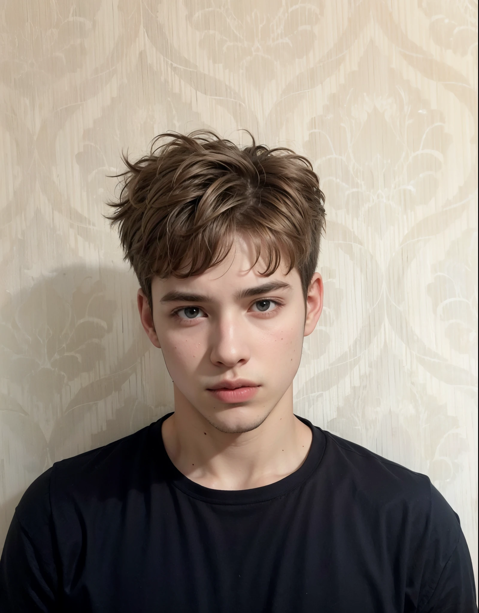 Joven arafed con una camisa negra y una camisa negra., peinado grande y desordenado, pelo corto en la parte superior de su cabeza, Corte de pelo peludo, su cabello es desordenado y salvaje, su cabello esta desordenado, messy light brown hair, Cabello fresco y despeinado, excelente _ Peinado, wild Peinado, tommy 1 6 years