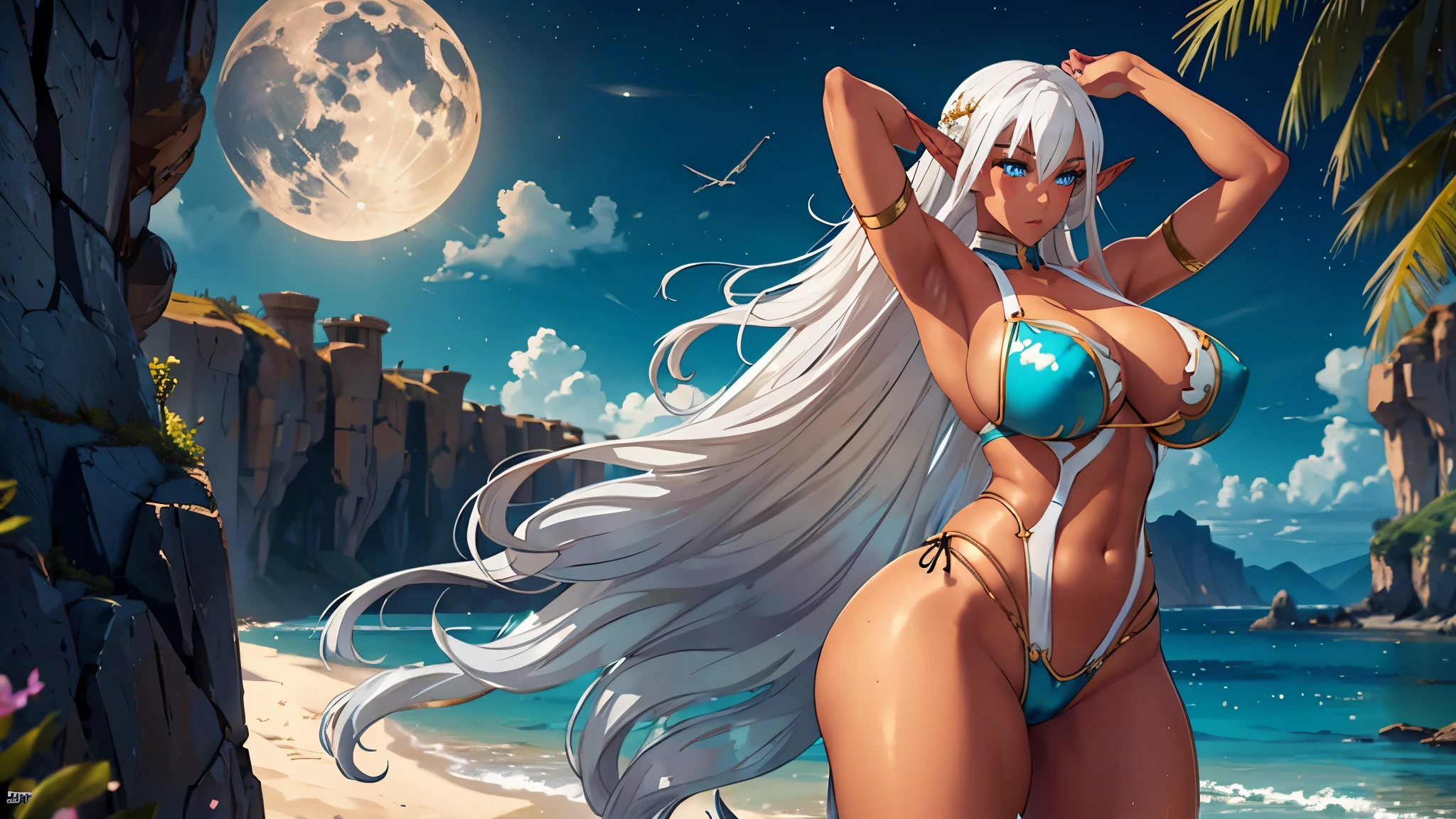 1girl, ig model, taimanin, eleonor, elf, action pose, arms up, arms behind head, white hair, long hair, blue eyes, beautiful eyes, lewd face, sexy, cleavage, armpits, large breasts, wide hips, thick thighs, muscles, realistic, ray traced, desert, sand, night, stars, moon, clouds