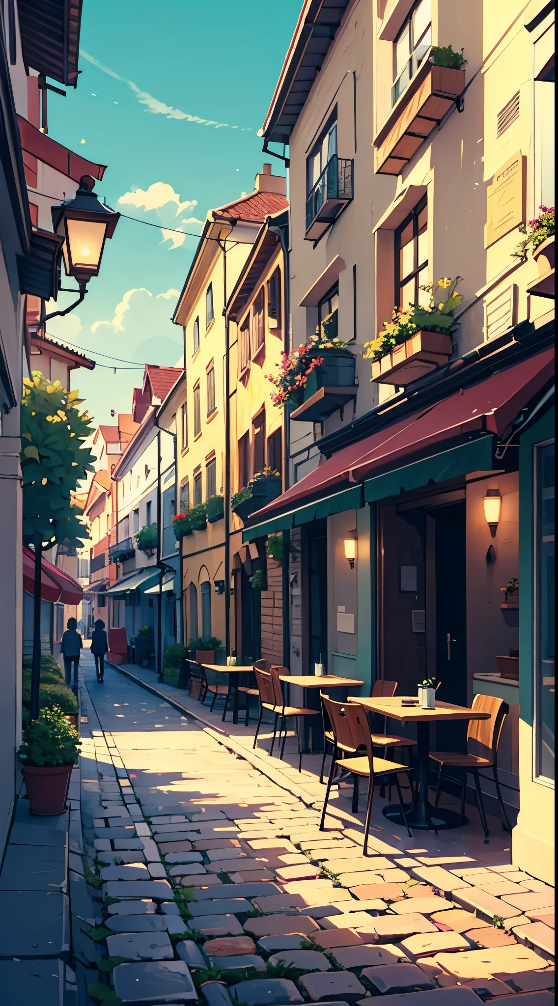 a sunny european street scene with cobblestone paths, historical architecture, an outdoor café with a blue awning and green plants, bicycles parked, people walking in the distance, masterpiece, cinematic angle, dynamic framing, cel-shaded anime style, comic style, cartoon Style