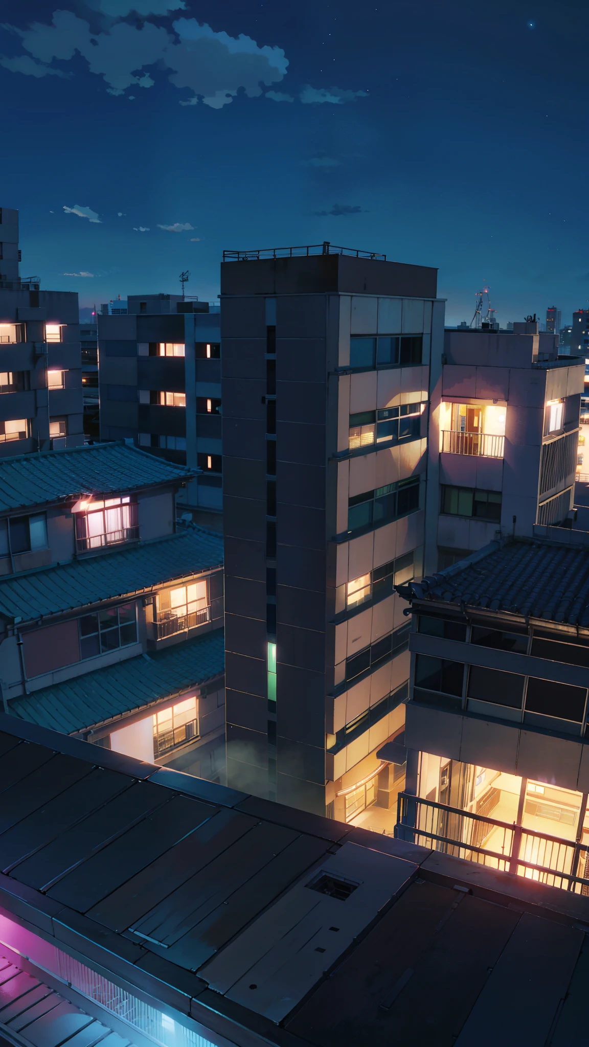 90s anime style, From the roof of a building , in the dark, blue light, without light, night city.