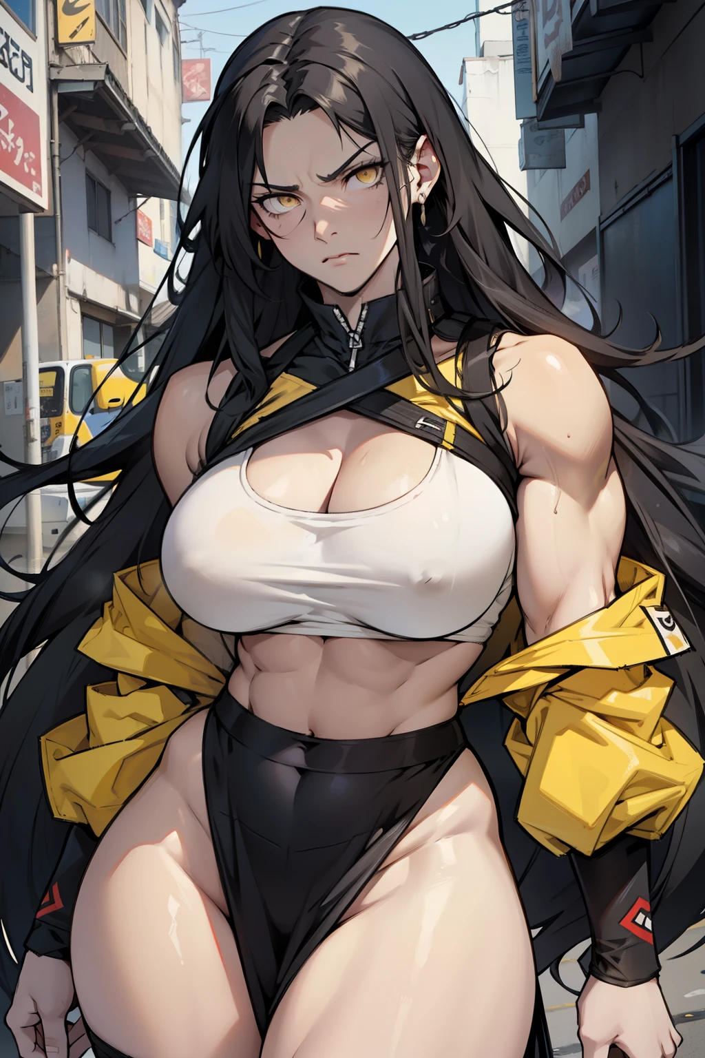 very long hair messy hair black hair yellow eyes pale skin muscular girl thick thick thick disgust disgust disgust breasts