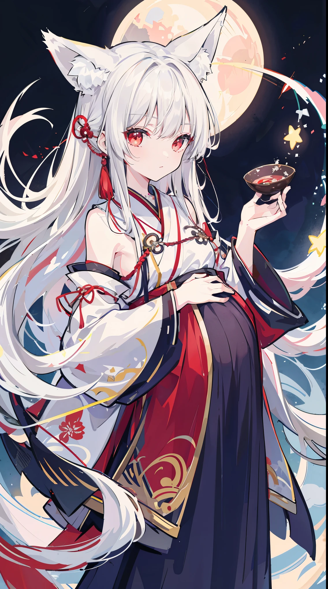 1girll， themoon， The bird， star_\（Skysky\）， long_hair， starry_sky， （（white_hair）））， critters， wide_sleeves， natta， florals， night_sky， embrace， very_long_hair， full_moon， looking_at_viewer， ribbon_trim， Ribbon trimmed_sleeves， long_sleeves， a skirt， red_eyes， 独奏， japanese_clothes， Skysky，（（medium））， （（Tattooed with）））， fox ear， fox tails， woman fox，pregnancy , pregnant belly , Pregnant woman