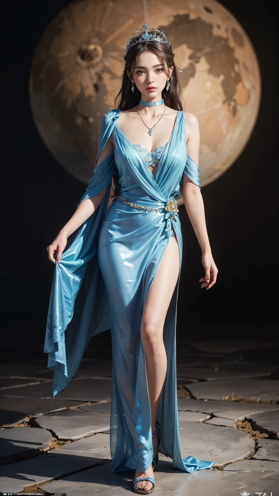 A female deity-like being with skin resembling cracked porcelain, adorned in an elegant dress woven from cosmic dust and planetary fragments, standing amidst a cosmic storm with galaxies swirling around her form.