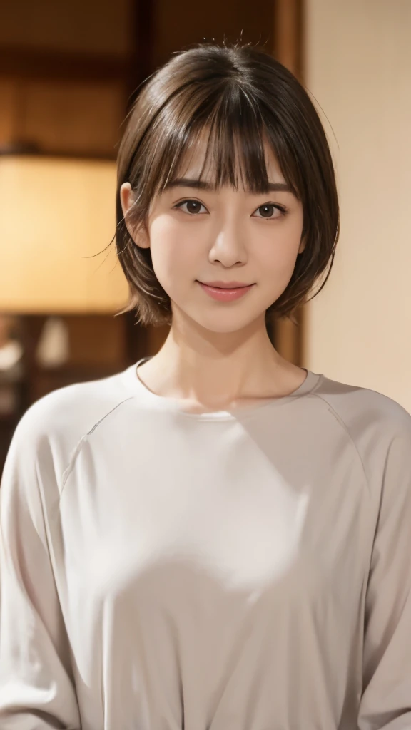 (Highly detailed CG Unity 8K wallpaper, highest quality, super detailed, look at the camera:1.2, light shines on your face:1.5, gray background, professional lighting), Lives in Japan３０Old Female、short hair, black haired, Plump facial contours:1.5, (thin eyebrows:1.25), Big shining eyes, small nose, Soft mouth, physically thin, (Shirt under sweater), Sincere impression, noble mix fix v3.0