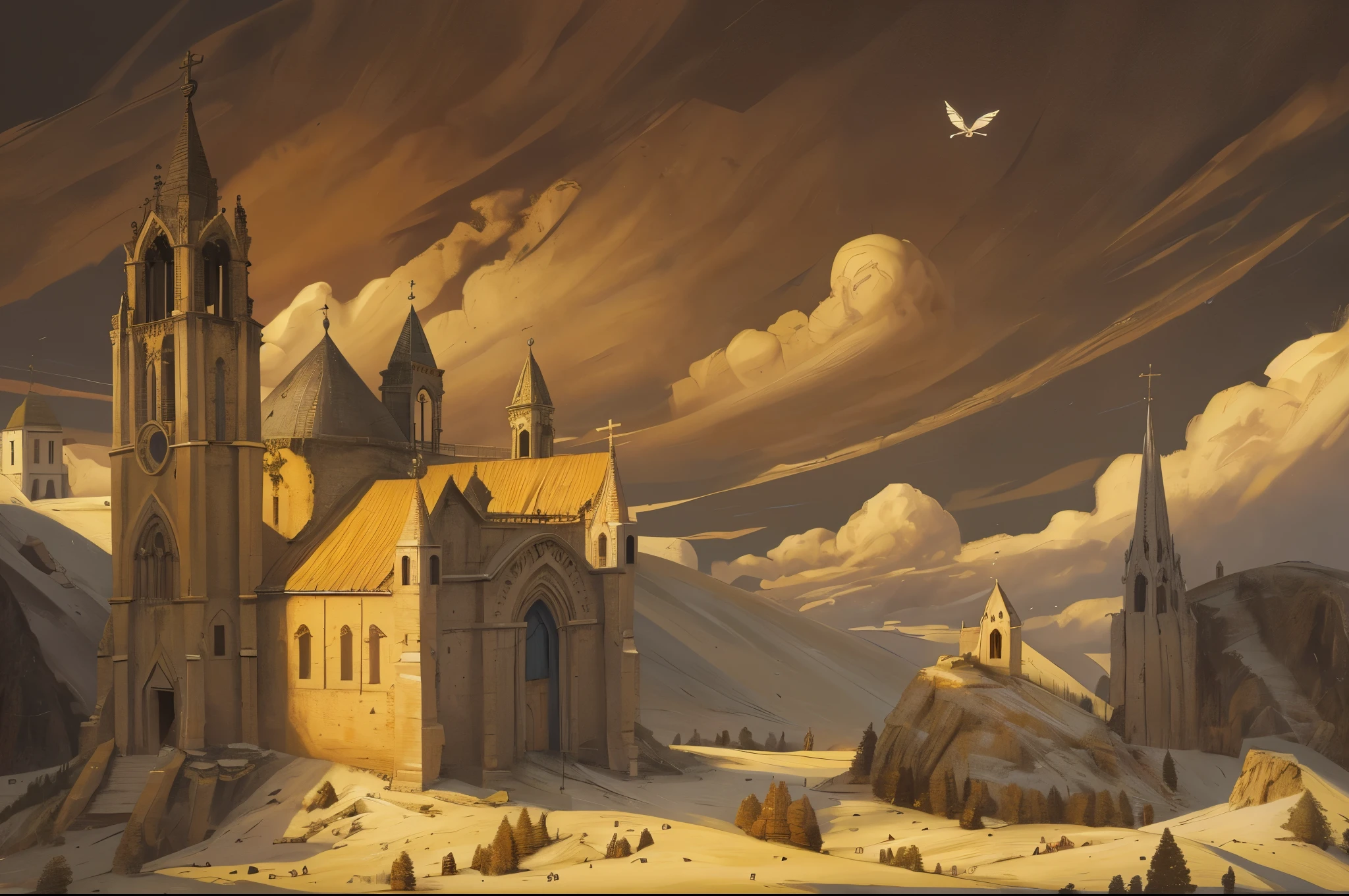 painting of a church with a bird flying over it, fundo da igreja, matte painting illustration, fundo da igreja!, surreal gediminas pranckevicius, arte de fundo, inspired por Gediminas Pranckevicius, Fundo da catedral, por Gediminas Pranckevicius, pintura fosca otimista, a beautiful art illustration