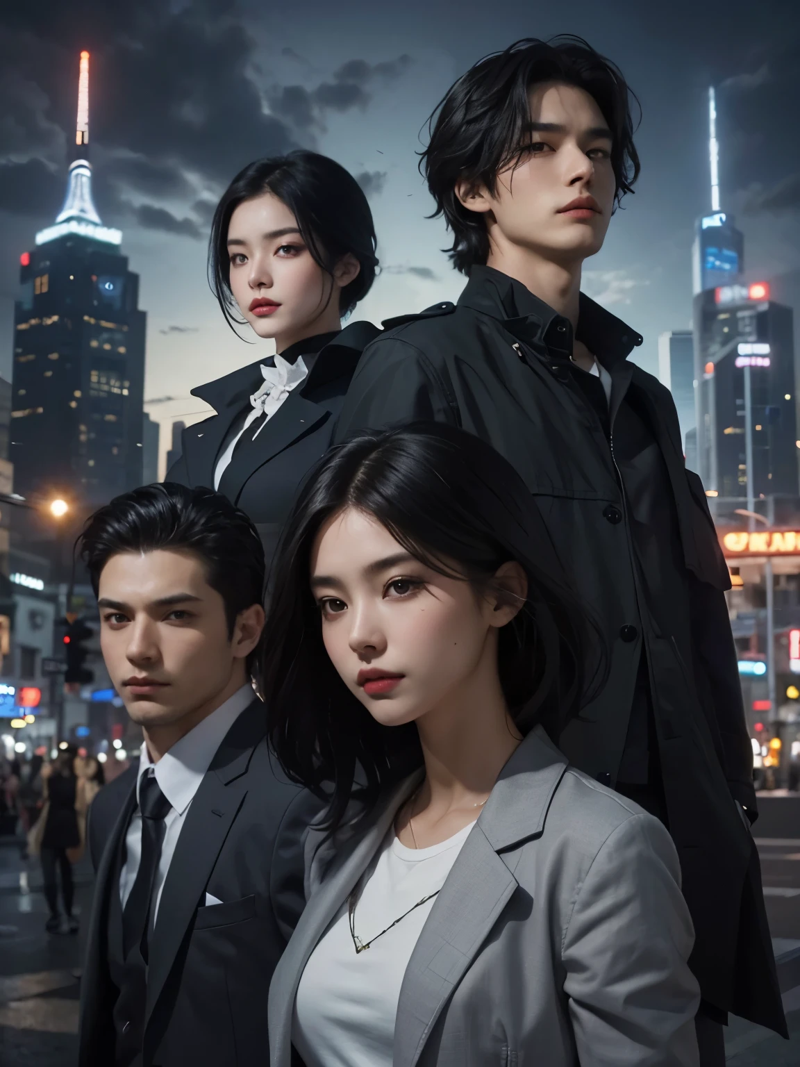 Upper body close-up image.Two beautiful men and women who are about to teleport. He wears modern clothing. Black hair. The time is night. The location is the city.