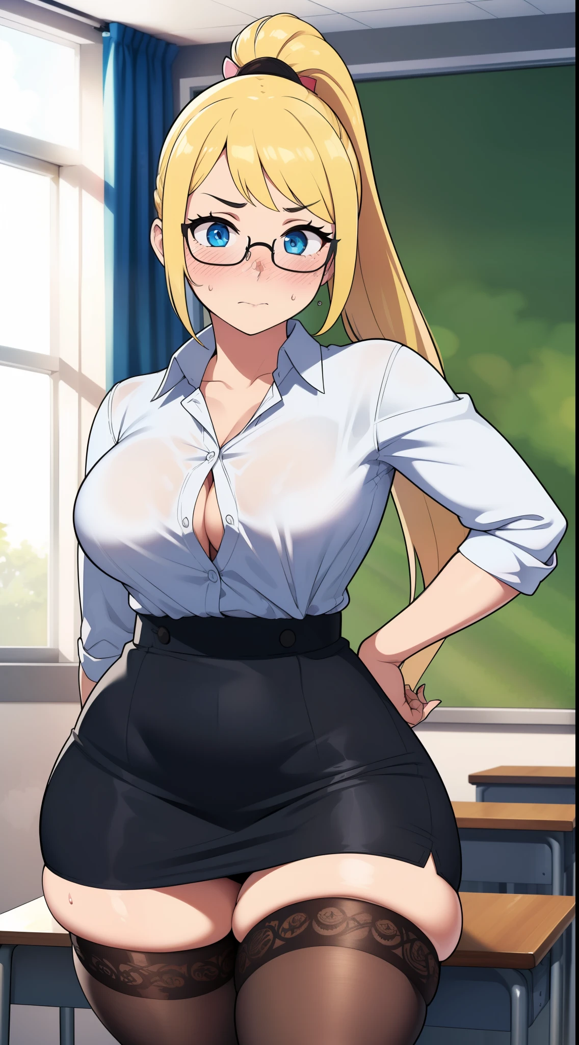 ((highres)), Masterpiece, high quality, best quality, beautiful, perfect lighting, detailed face, ultra cute face, ((1girl)), ((solo), long blonde hair, ponytail, blue eyes, glasses, ((blush)), embarrassed, sexually suggestive, looking at viewer, arms crossed, standing in a classroom, (classroom), daytime, dress shirt, pencil skirt, thigh highs, wide hips, (thick thighs), medium breasts, perky breasts, 24 year old female,