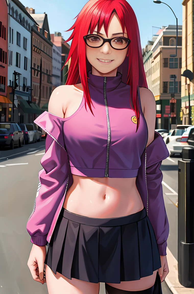 masterpiece, best quality, highres, lucy heartfilia, red  hair, long hair, large breasts, jacket, crop top, bare shoulder, show stomach, pleated skirt, cowboy shot, standing, looking at viewer, city road, outdoor, modern city road, blush, shy, smile, show teeth, stocking, karin uzumaki,  red eyes, red hair, glasses