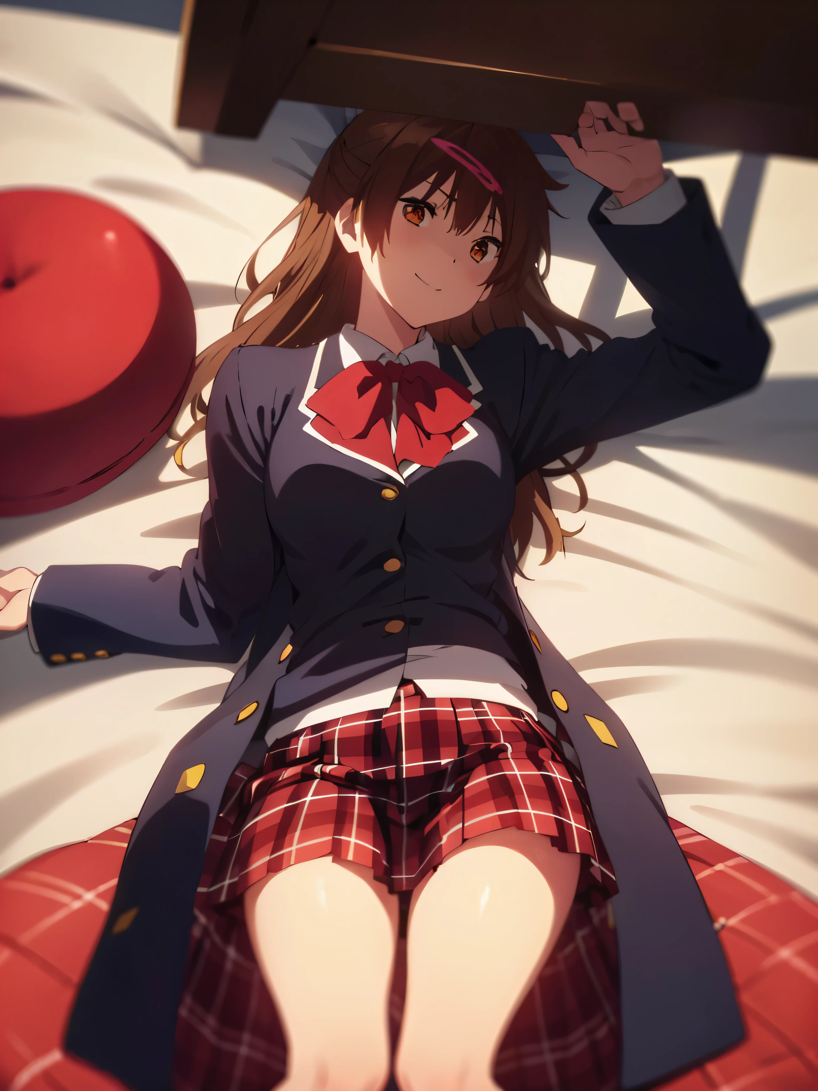 (((picture perfect))), (absurdres), 1girl, solo, shinka nibutani, school uniform, jacket, plaid skirt, smile, looking at viewer, lying on a bed, detailed beautiful face, detailed body