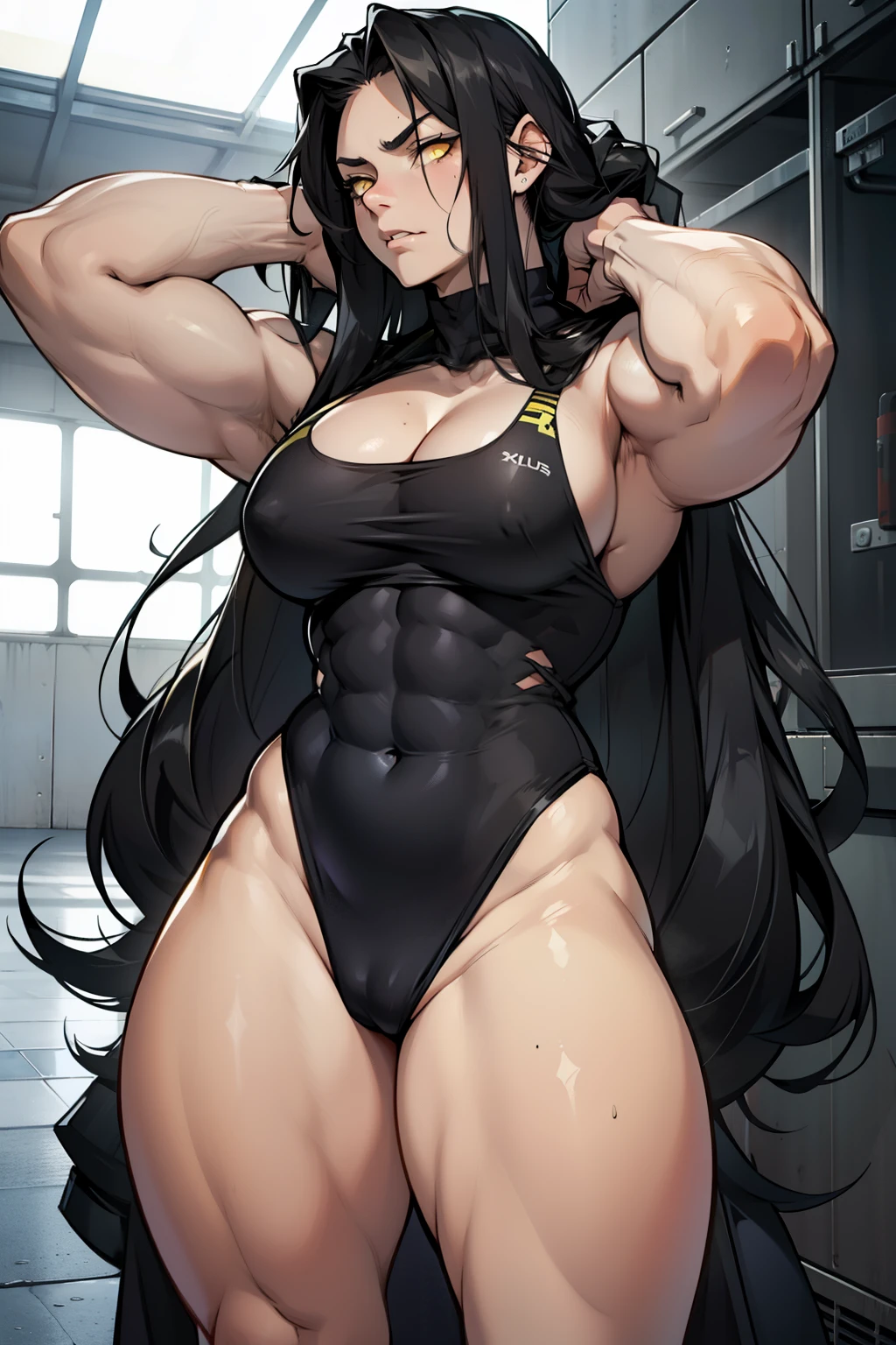 very long hair messy hair black hair yellow eyes pale skin muscular girl thick thick thick disgust disgust disgust girl