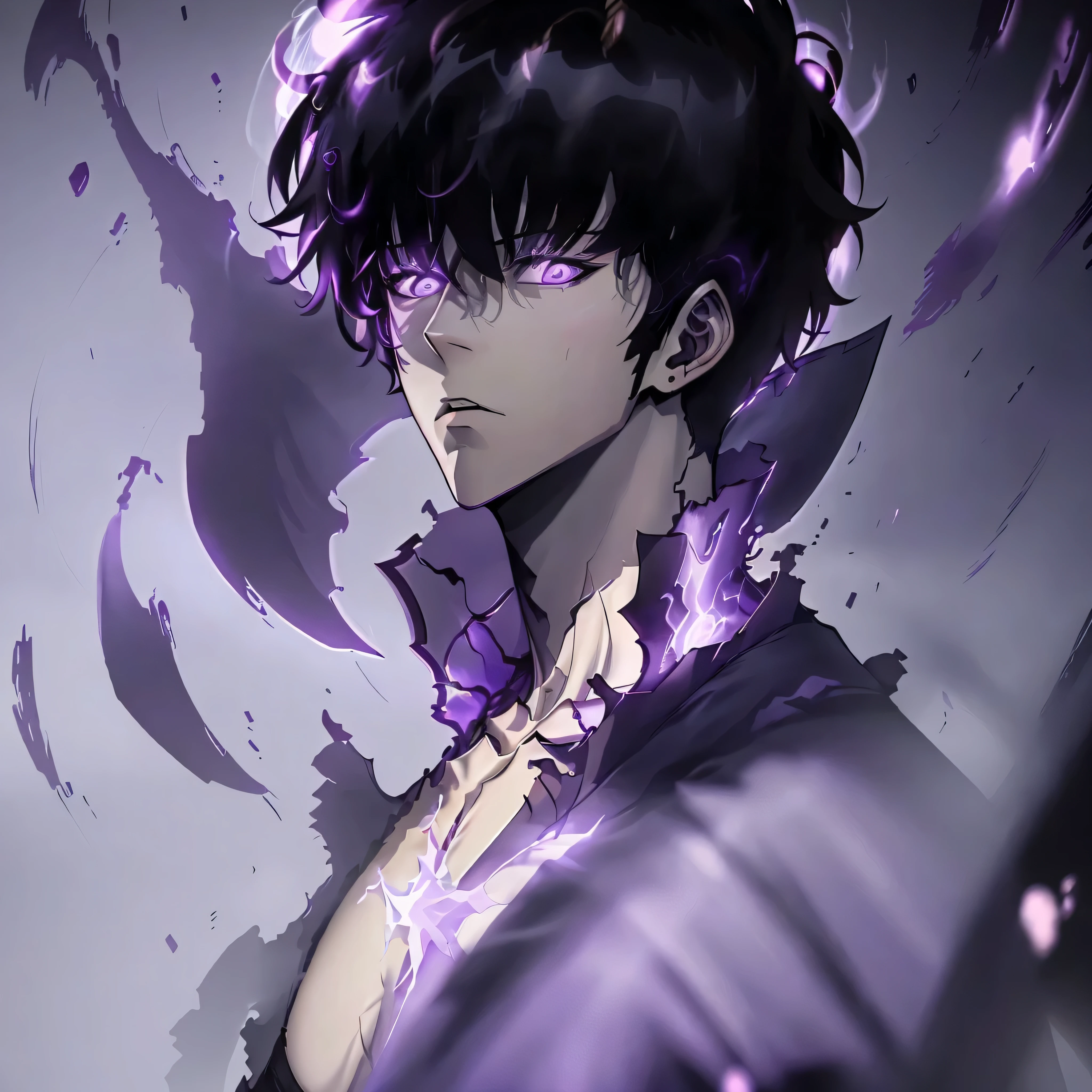 1girl,solo leveling, sung jinwoo,1man, highres,high quality,realistic, masterpiece,has a purple aura outside his clothes, wearing a black costume, black hair, angry ,badas, perfect fingers,face to face