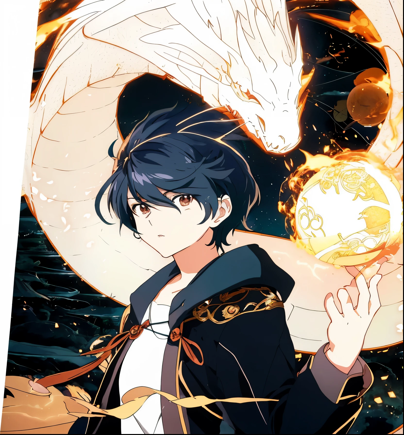 anime - boy confiante, garoto forte, style image of a woman holding a ball with a dragon on it, anime fantasy illustration, light novel cover art, anime style illustration, black - haired mage, digital anime illustration, trending on artstation pixiv, anime cover, anime in fantasy style, cover manga, garoto poderoso