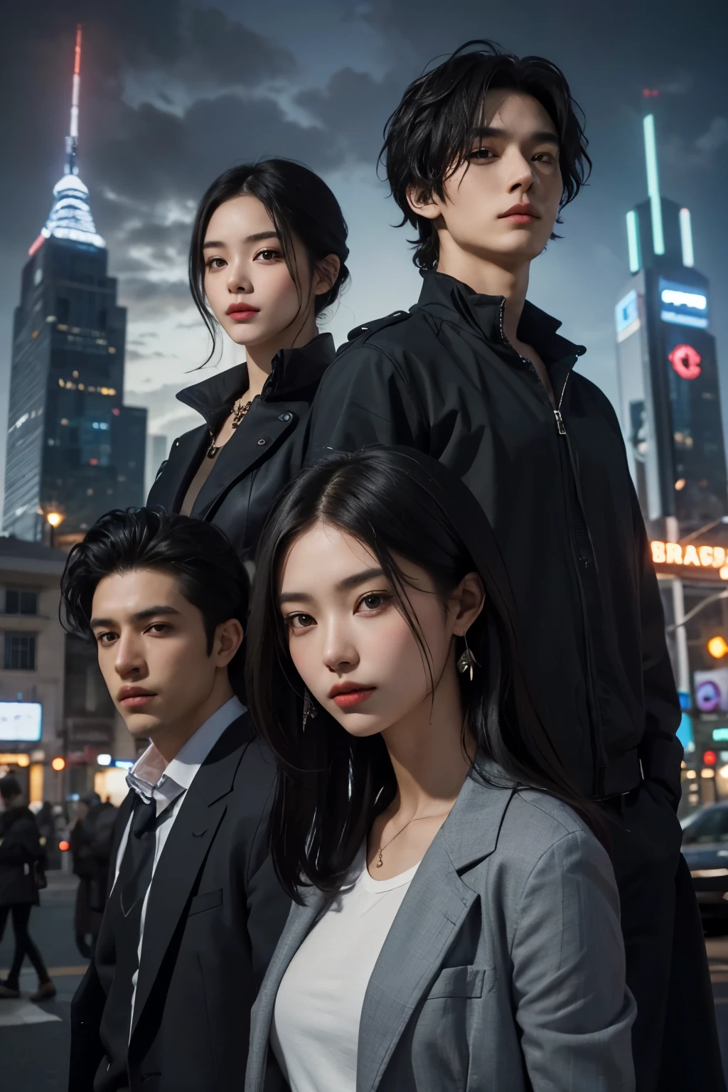 Upper body close-up image.Two beautiful men and women who are about to teleport. He wears modern clothing. Black hair. The time is night. The location is the city.