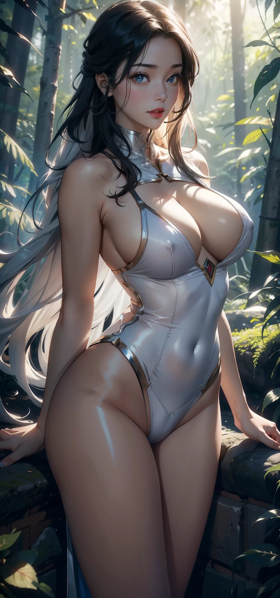 1 female，45 years old，married woman，熟妇，big breasts，long leges，Big breasts and thin waist， photo exposure， solo，（background with：in the forest，Rainforest，In the summer） She has long white hair，red lips，Stand deep in the forest，View from the front， straight hair，long, flowing hair， The sky is mostly cloudy，（（（masterpiece），（Very detailed CG unified 8k wallpaper），best quality，light，detailed background，beautiful eyes，bright pupils，（very delicate and beautiful），（Beautiful and detailed eye descriptions），Super detailed，masterpiece，）），face camera，high resolution，Super detailed），Naked of breast，a little fat， camel toe，Superman，（wear：supergirl，nude，）