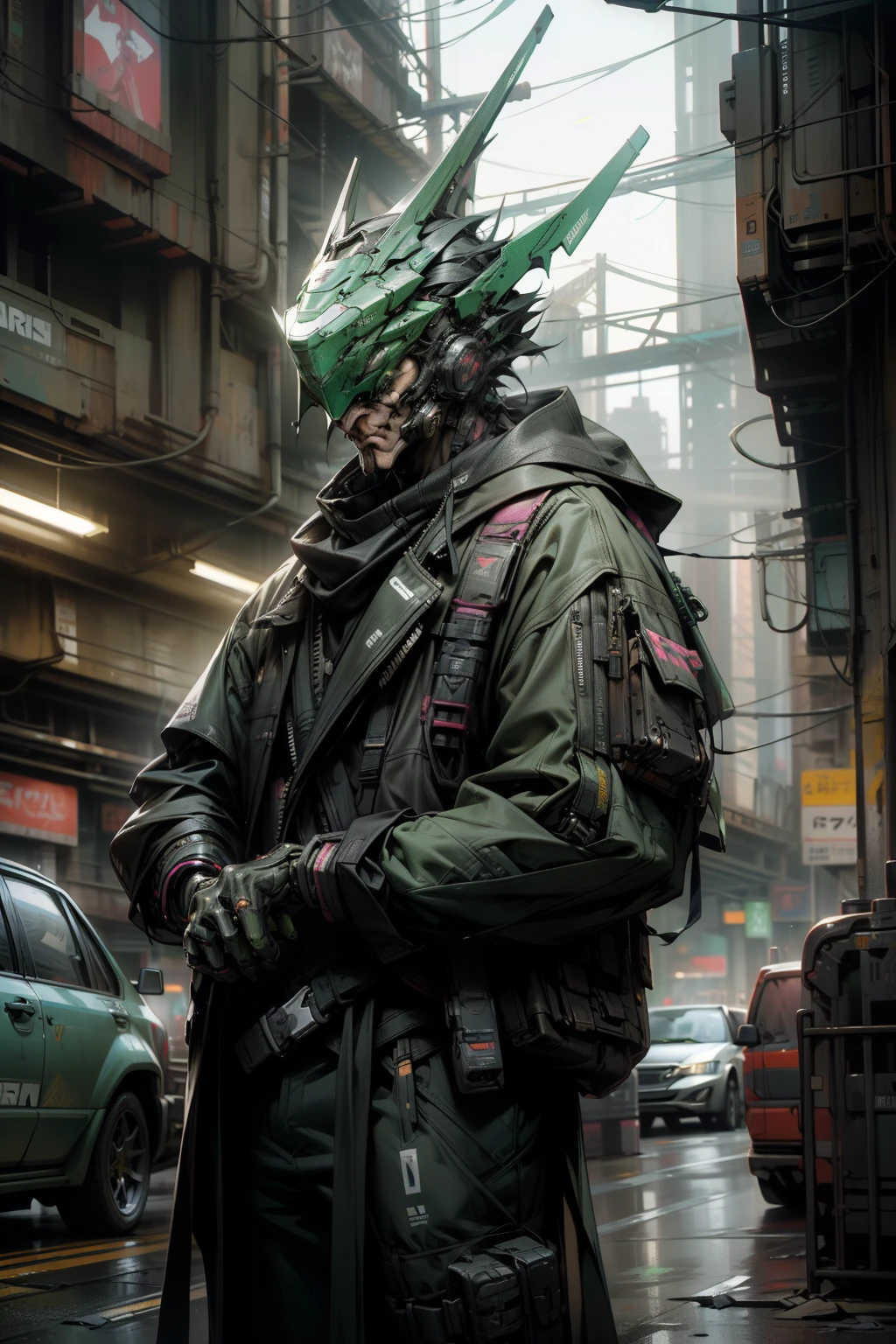 In the heart of a gritty, hyper-realistic cyberpunk metropolis, a man dressed in black and green outfit with a tactical backpack catches the eye. His attire exudes the latest cyberpunk streetwear trends, a mix of high-tech materials and urban grunge. The cyberpunk suit he wears is a marvel of advanced tech and sleek design, enhancing his formidable presence as a cyberpunk character.

Nearby, a cyberpunk street goon, clad in all-black clothes, his face obscured by a mask, glances over menacingly. Their styles contrast yet meld, the muted cyberpunk hues creating a