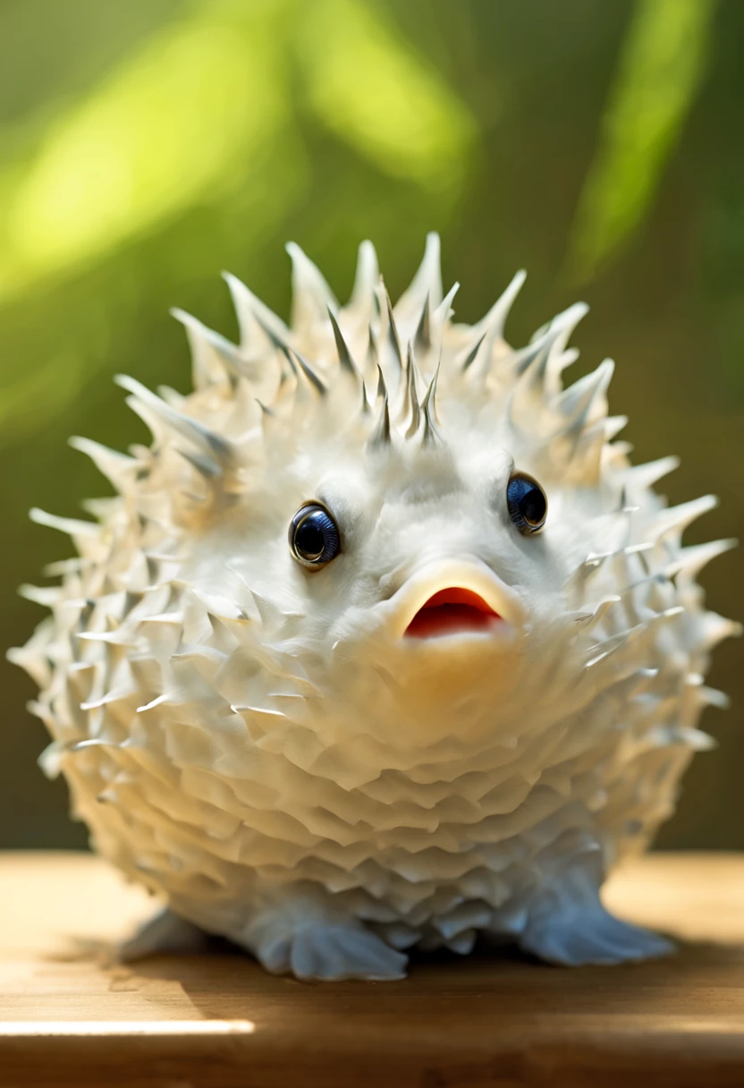 there is a small blowfish that is sitting on a table, blowfish , adorable animal, Beautiful and lovely, cute anthropomorphic blowfish , beautiful and cute, a blowfish  full of hope, blowfish  face only, anthropomorphicblowfish  可爱又可爱, Lovely and beautiful, the cutest creature in the world, 🐿🍸🍋, blowfish 