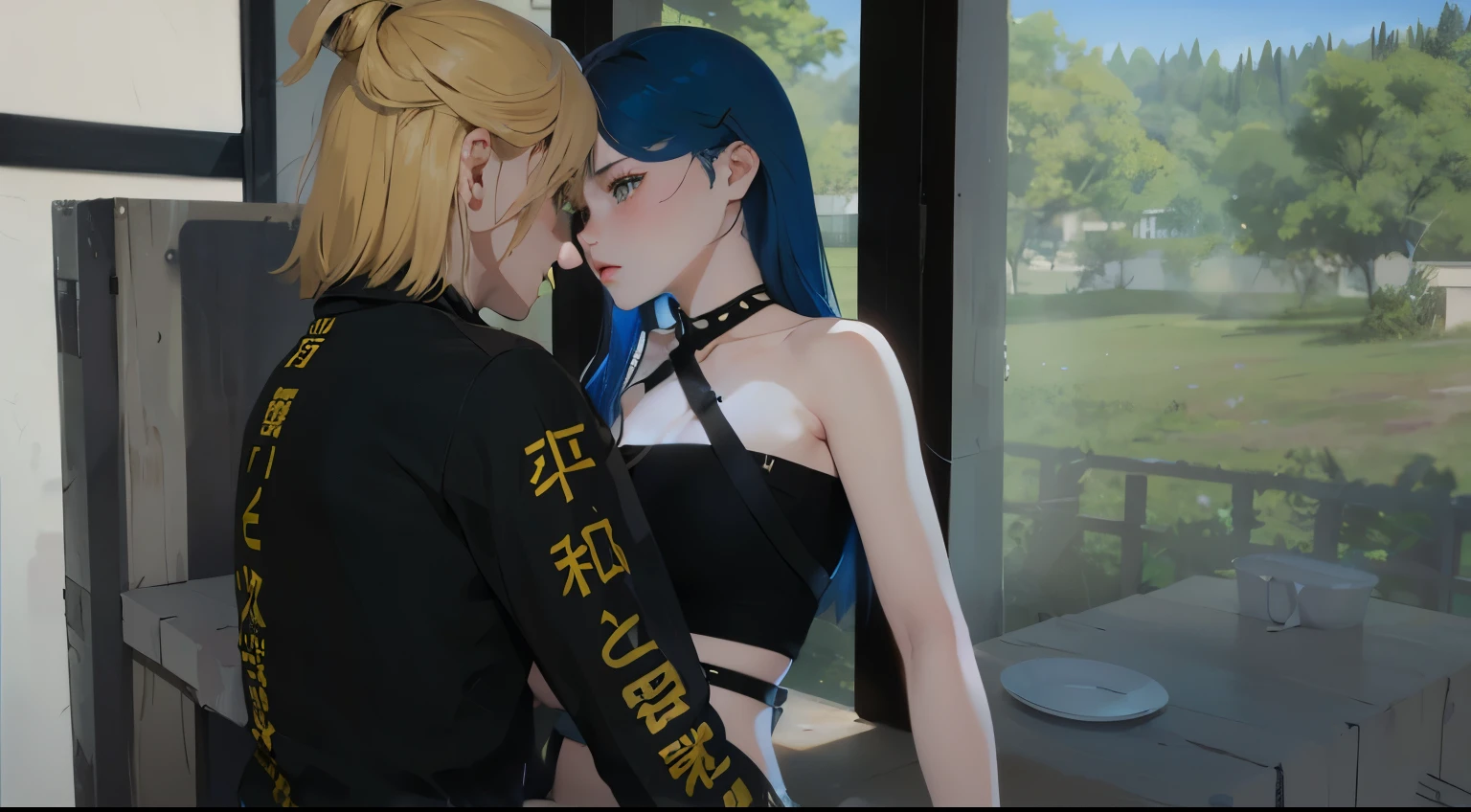 High quality, Best quality, anime, 8K CG, Ultra detail, High definition, Masterpiece, 1 girl, Beautiful female face, Soft face, Elegant, Long hair, Blue hair, Yellow eyes, Intricate details, Detailed textures, Fine details, Front face , Beautiful female body, Very beautiful young female face, Starry eye, blush, perfect lighting, Unreal engine, side lighting, detailed face, glowing skin, 1 boy, attractive, hair over shoulders, blond hair, fair skin, black eyes, black gang uniform, approaching girl, trying to kiss girl