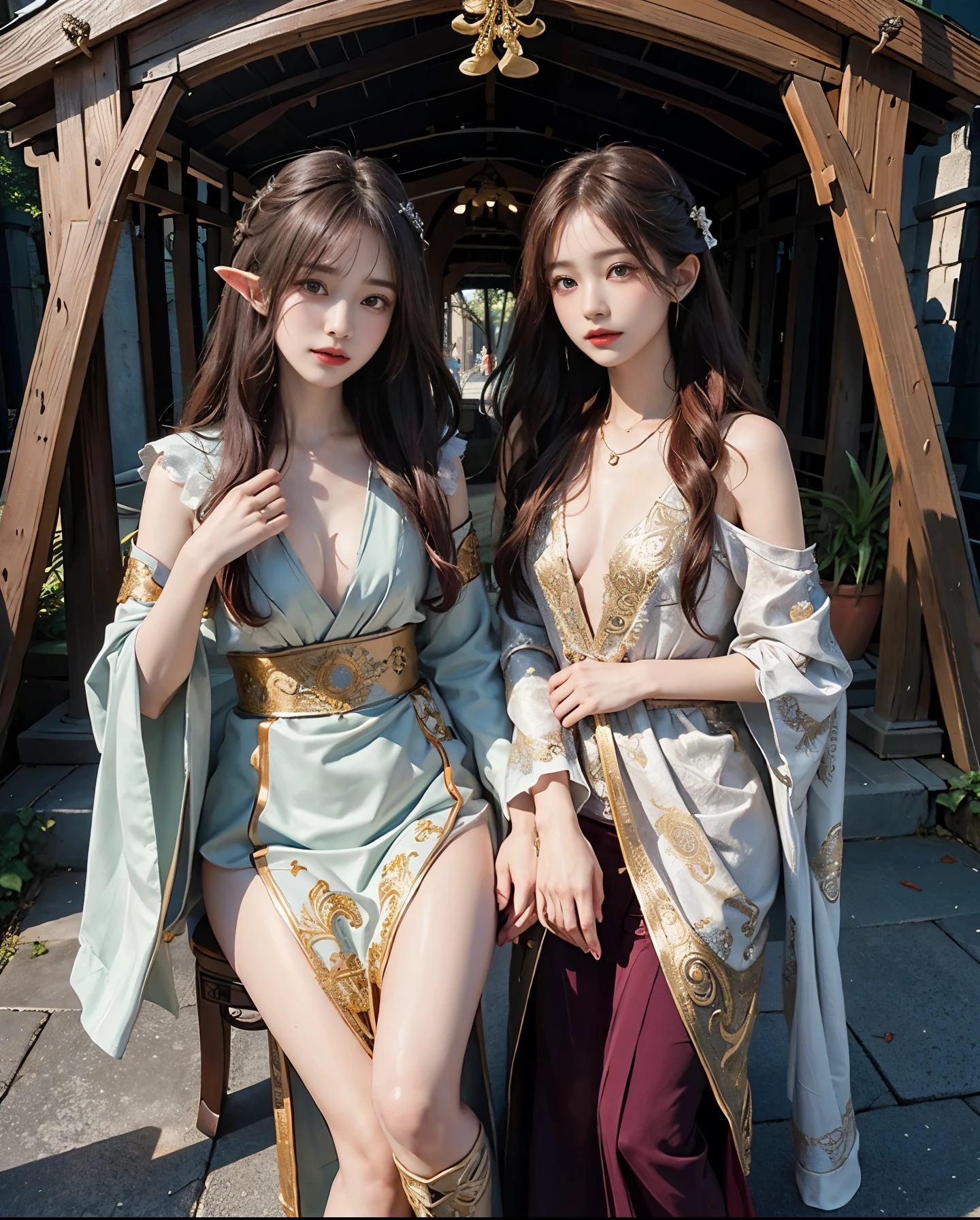 Official art、elvish、The background is an ancient forest temple、You can see many mysterious scenery surrounded by many animals.、With two beautiful women in robes with open chests、The costumes of the two are contrasting、PerfectNwsjMajic,(​masterpiece、top-quality、top-quality、Official art、Beautifully Aesthetic:1.2)、(2girls)、ighly detailed、colourfull、highestdetailed、Official art、Unity 8k壁纸、ultra-detailliert、Beautifully Aesthetic、Beautiful face in detail、​masterpiece、top-quality、(Zentangle、a Mandala、Tangles、Entanglement)、Holy Light、pure、There are also resilient messages, Overcoming and hope. Breasts are small and B size、A slender、The chest is open、Eyes are double（A detailed eye）, Beautifully detailed、Hair that flutters in the wind、Maroon Gradient Hair Color、Hair color is contrasting、Eye color is also contrasting、They are beautiful women who are all contrasting、high-heels、Gold Anklet、beautifull detailed face、