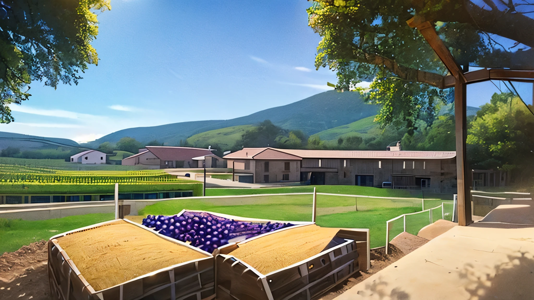 barrels filled with grapes of different colours, countryside, winery, village, grapes, italy, greece, sun, blue grapes, barrels, yellow grapes