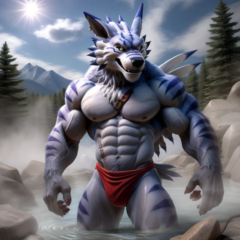 Weregarurumon,digimon,,werewolf,male,adult,alone,,4K,best quality,HD,Shower by the river,bath,looking at the audience,Show muscles,hairy body,furry tail,Topless,no equipment,No clothing,bared  chest,Hairy chest,muscular, chest muscles,Pink nipples, Six-pack abs, biceps,anatomically correct,Delicate fur,pride,soft shadow,majestic,Detailed face, HD的眼睛,golden eyes,black pupils,Sharp eyes,Grandiose,Valiantary,towel thong,Towel wrapped around waist,There is a scar on the right waist,Smile confidently,Strong,mature,Blue sky and white clouds,The sun shines,mountain forest,hot spring