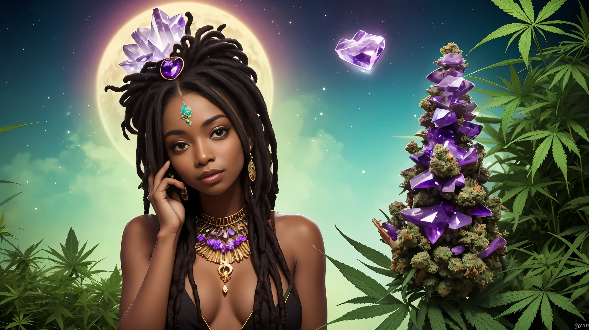 Mother Nature personified. Stoner chick. Dark skin and Dreadlocks. Goddess Gaia, marijuana girl, amethyst crystals, geodes, love, pot head. Lovely Ganja Gaia girl, a feeling of calm, peace and loves exudes from her.