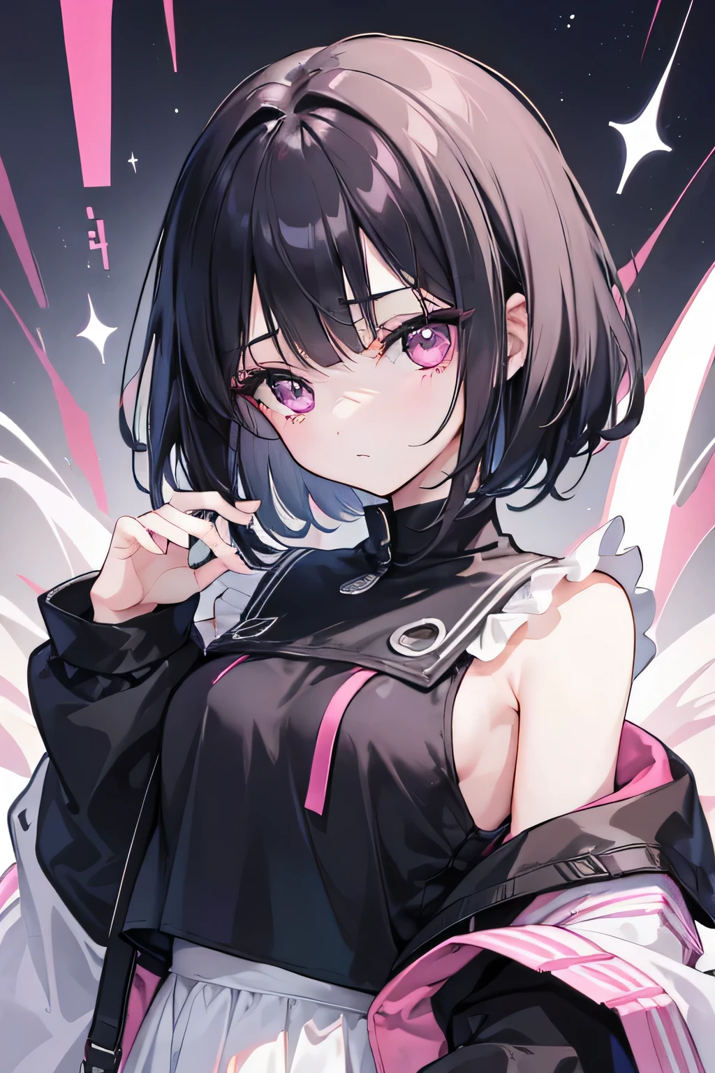 girl with、soio、age19、top-quality、a cool、cool、A dark-haired、Heavy bangs、bobhair、Pink eyes、Delicate lashes、校服、A black、a huicolor、cute little